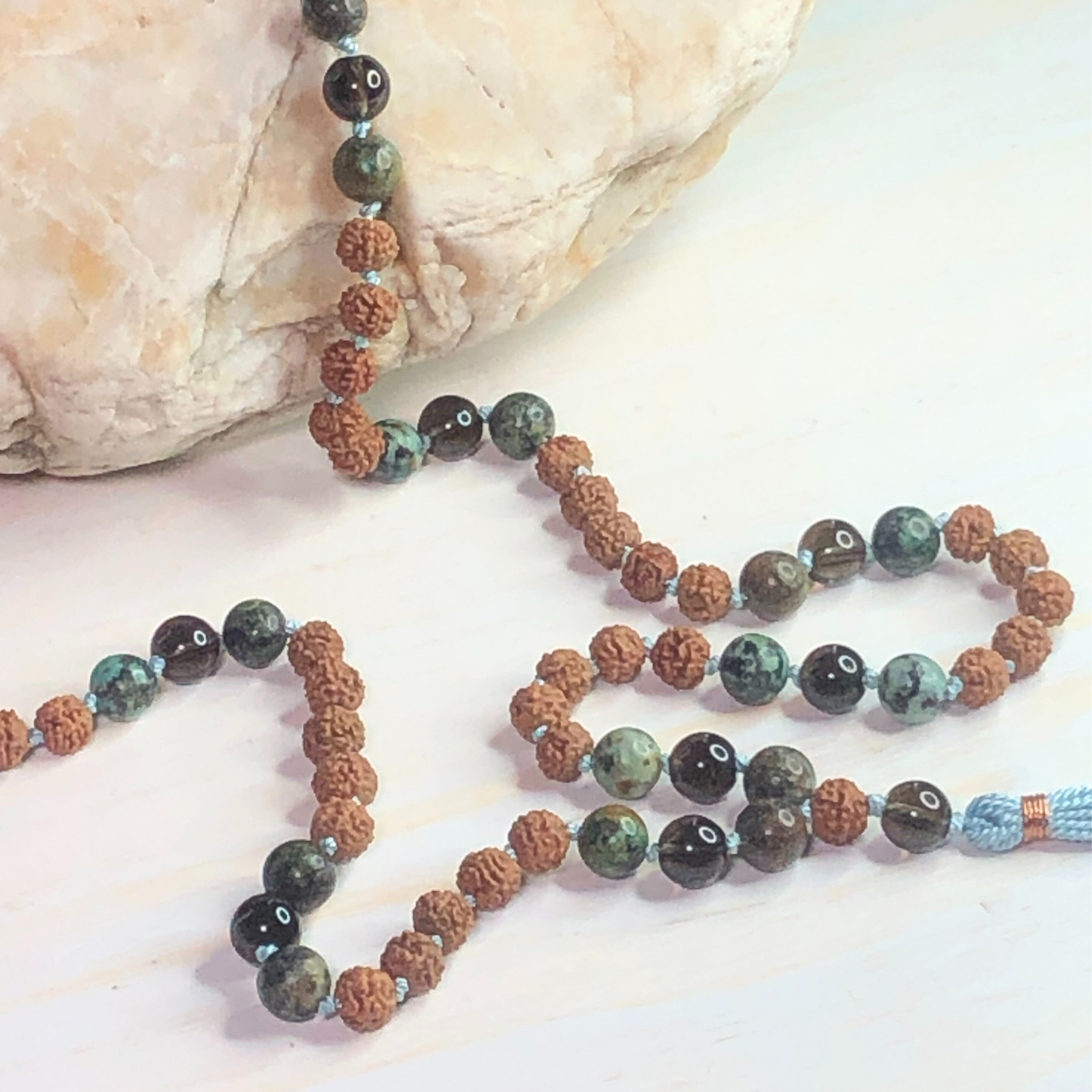 African Turquoise, Smokey Quartz & Rudraksha Mala
