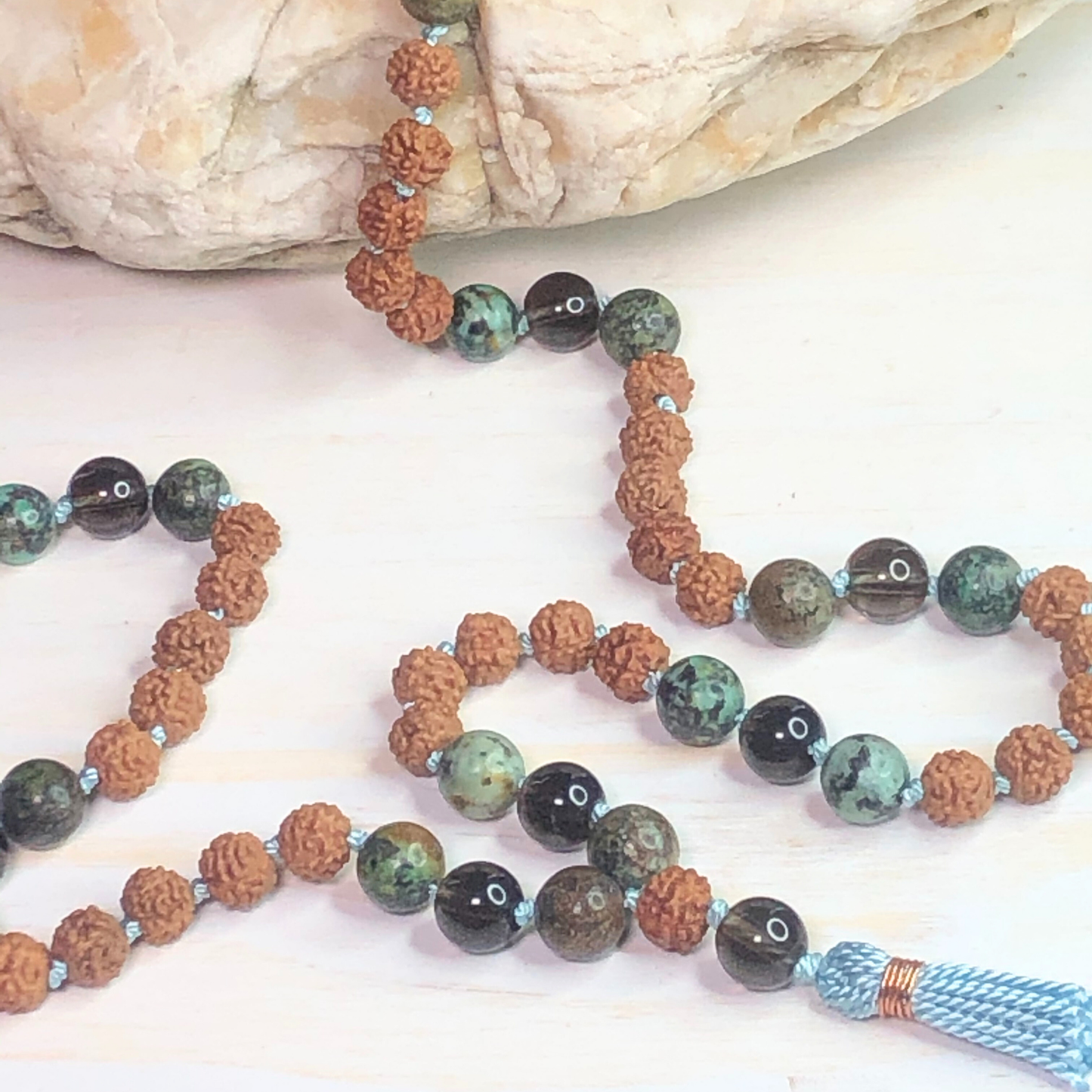 African Turquoise, Smokey Quartz & Rudraksha Mala