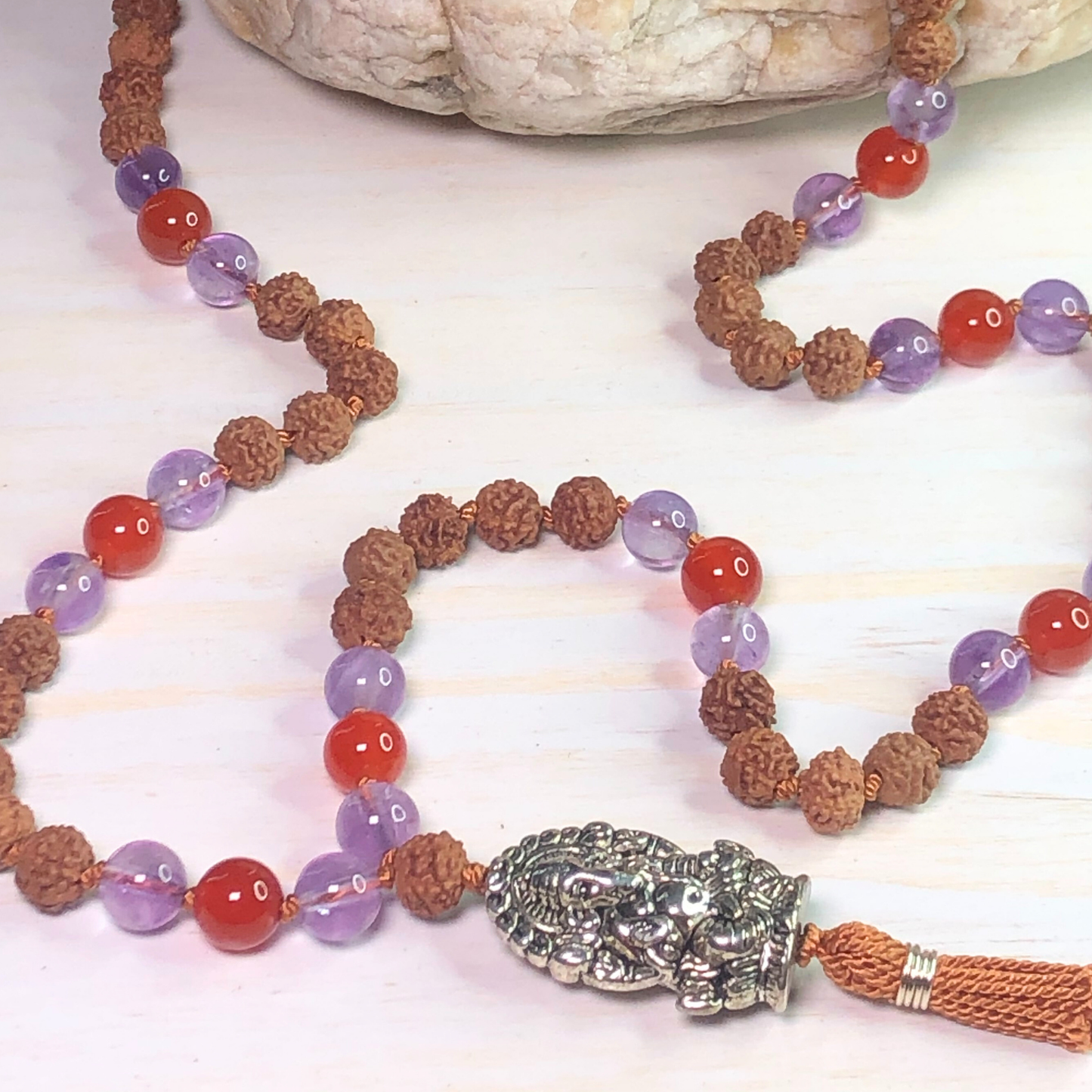 Amethyst, Carnelian & Rudraksha Mala with Ganesha Charm