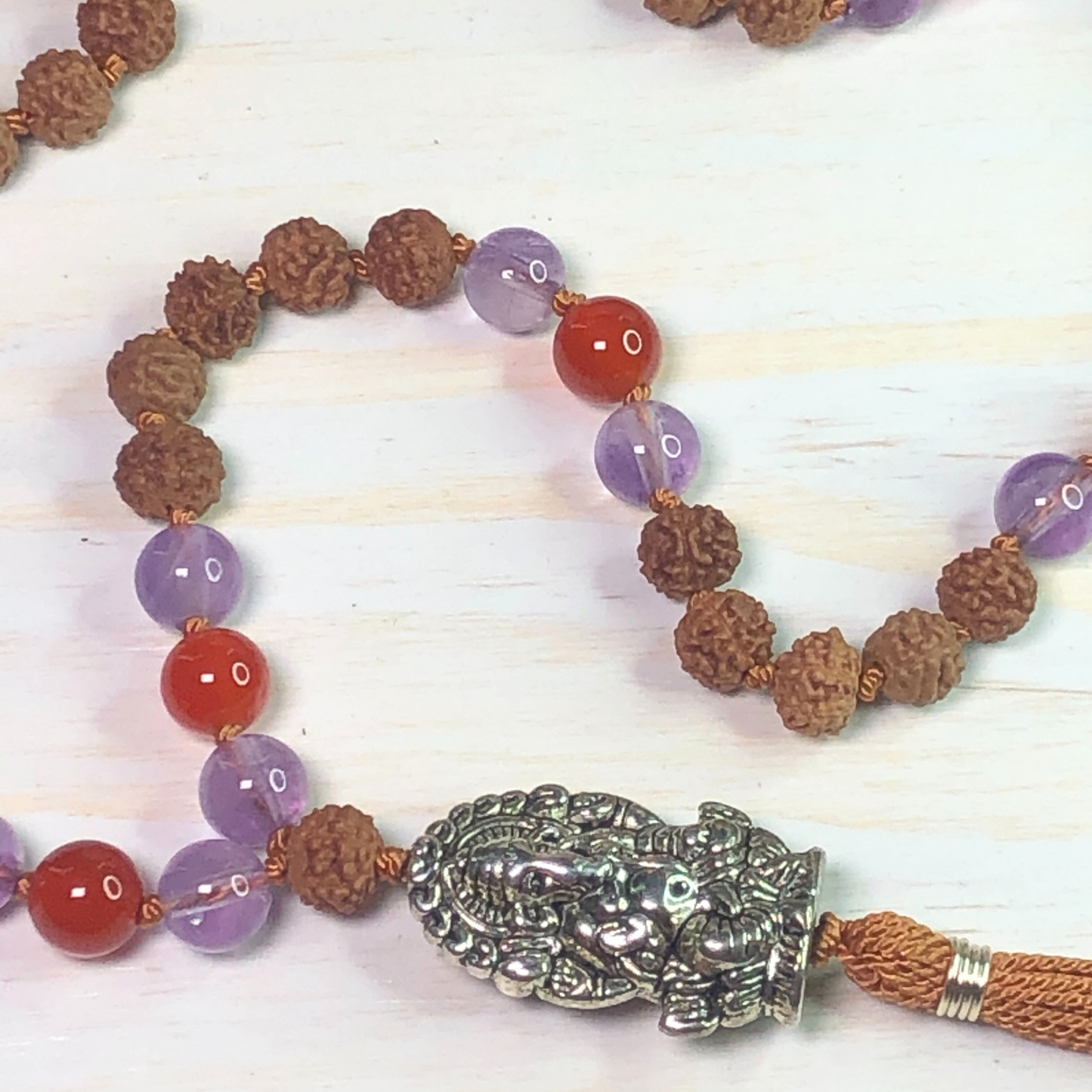 Amethyst, Carnelian & Rudraksha Mala with Ganesha Charm