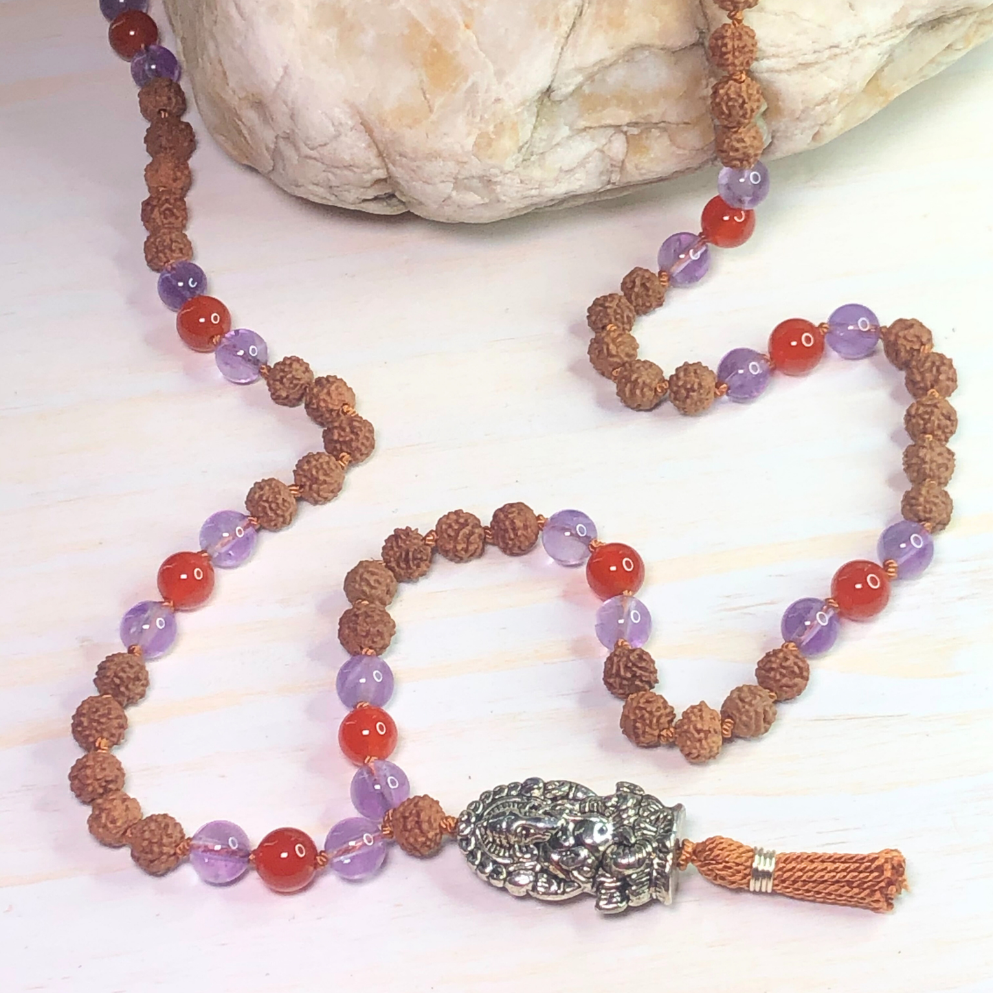 Amethyst, Carnelian & Rudraksha Mala with Ganesha Charm