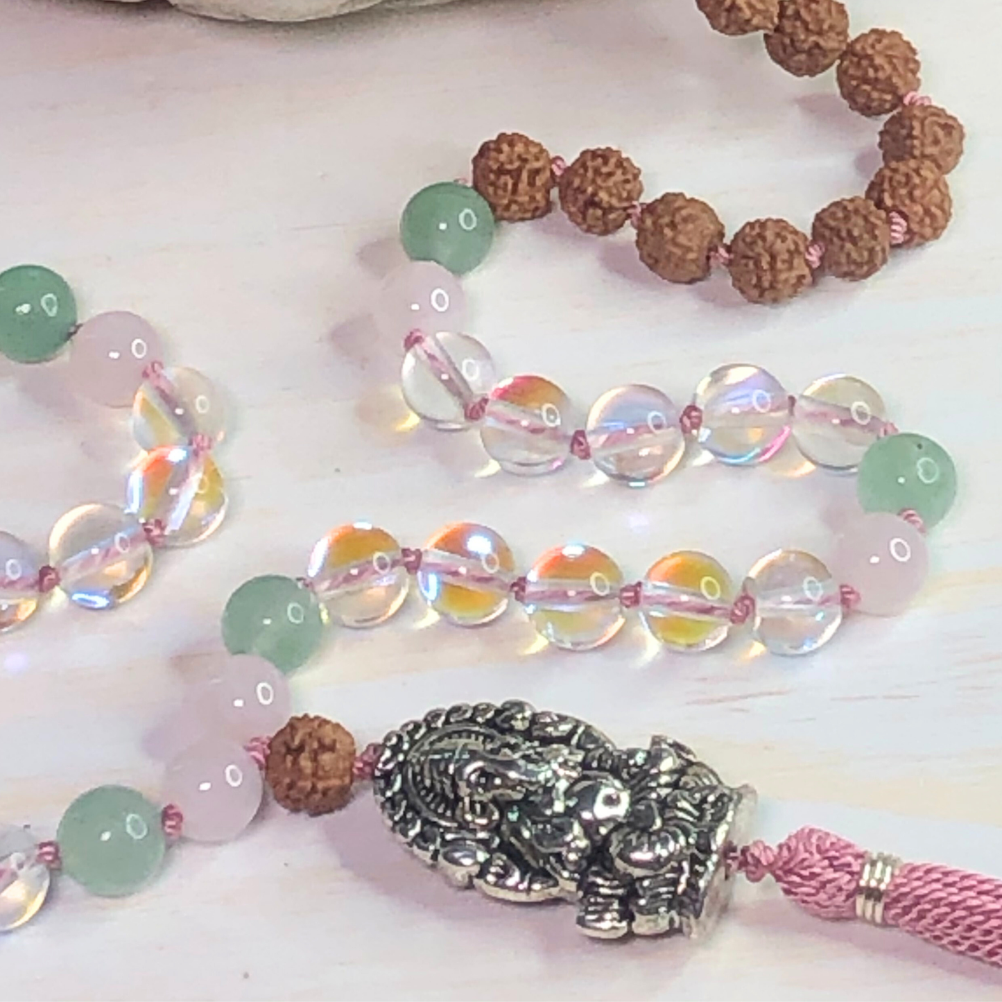 Rainbow Aura Quartz, Rose Quartz, Green Aventurine & Rudraksha Mala with Ganesha Charm