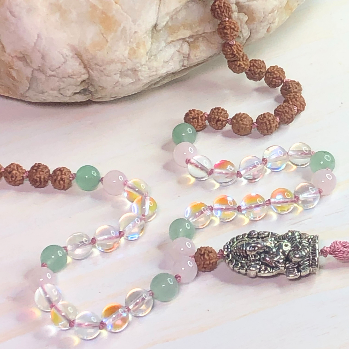 Rainbow Aura Quartz, Rose Quartz, Green Aventurine & Rudraksha Mala with Ganesha Charm