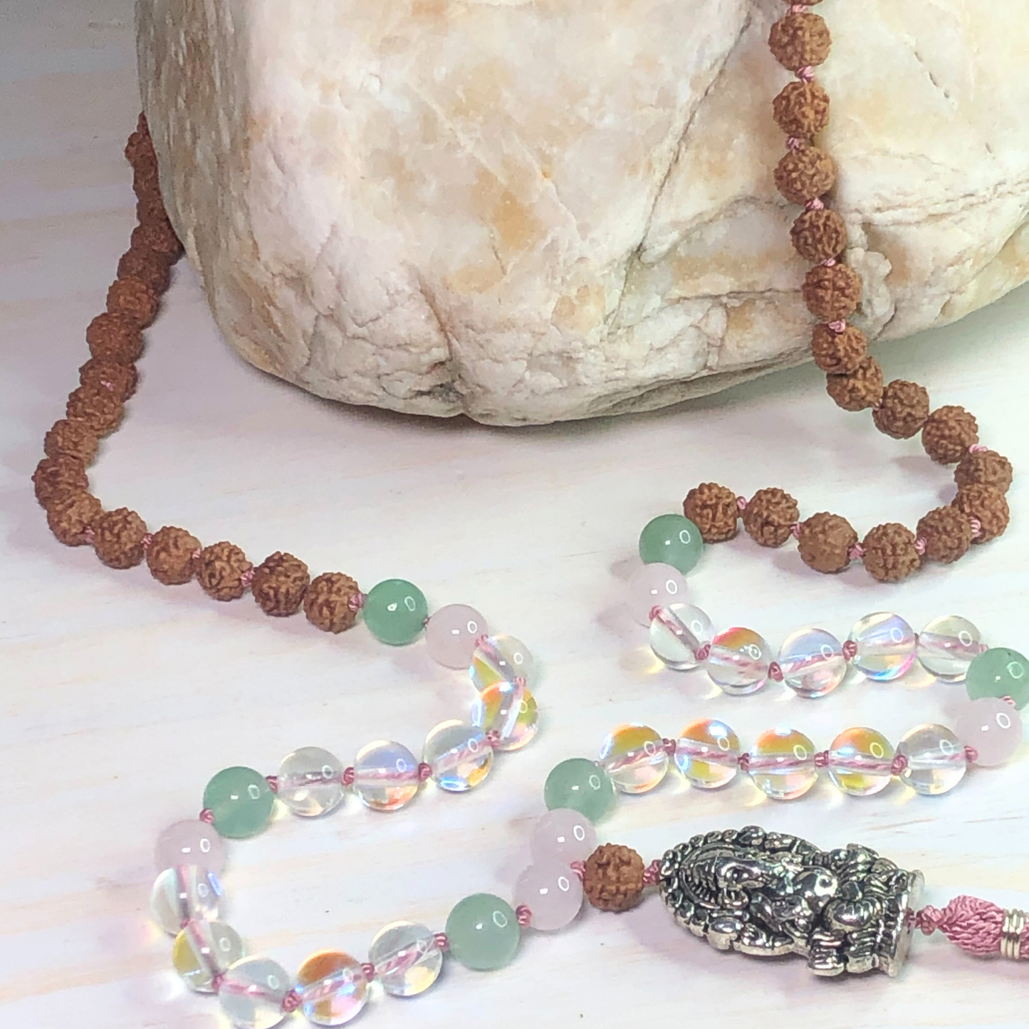 Rainbow Aura Quartz, Rose Quartz, Green Aventurine & Rudraksha Mala with Ganesha Charm