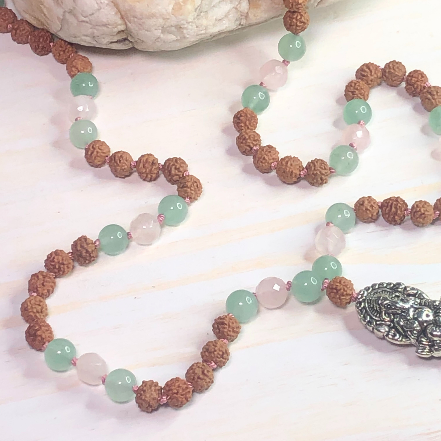 Green Aventurine, Rose Quartz & Rudraksha Mala with Ganesha Charm