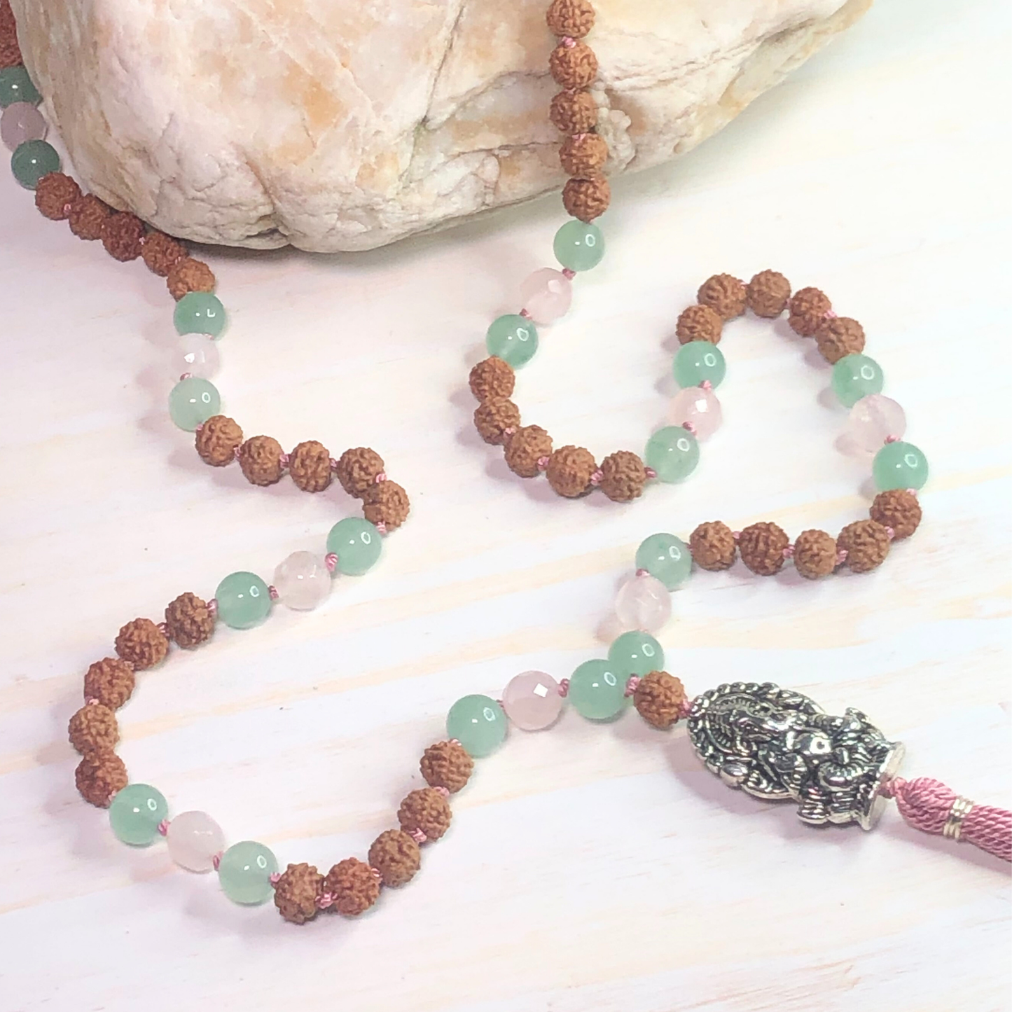 Green Aventurine, Rose Quartz & Rudraksha Mala with Ganesha Charm