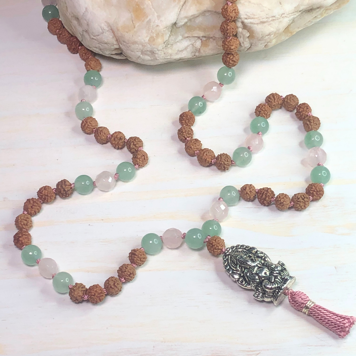Green Aventurine, Rose Quartz & Rudraksha Mala with Ganesha Charm