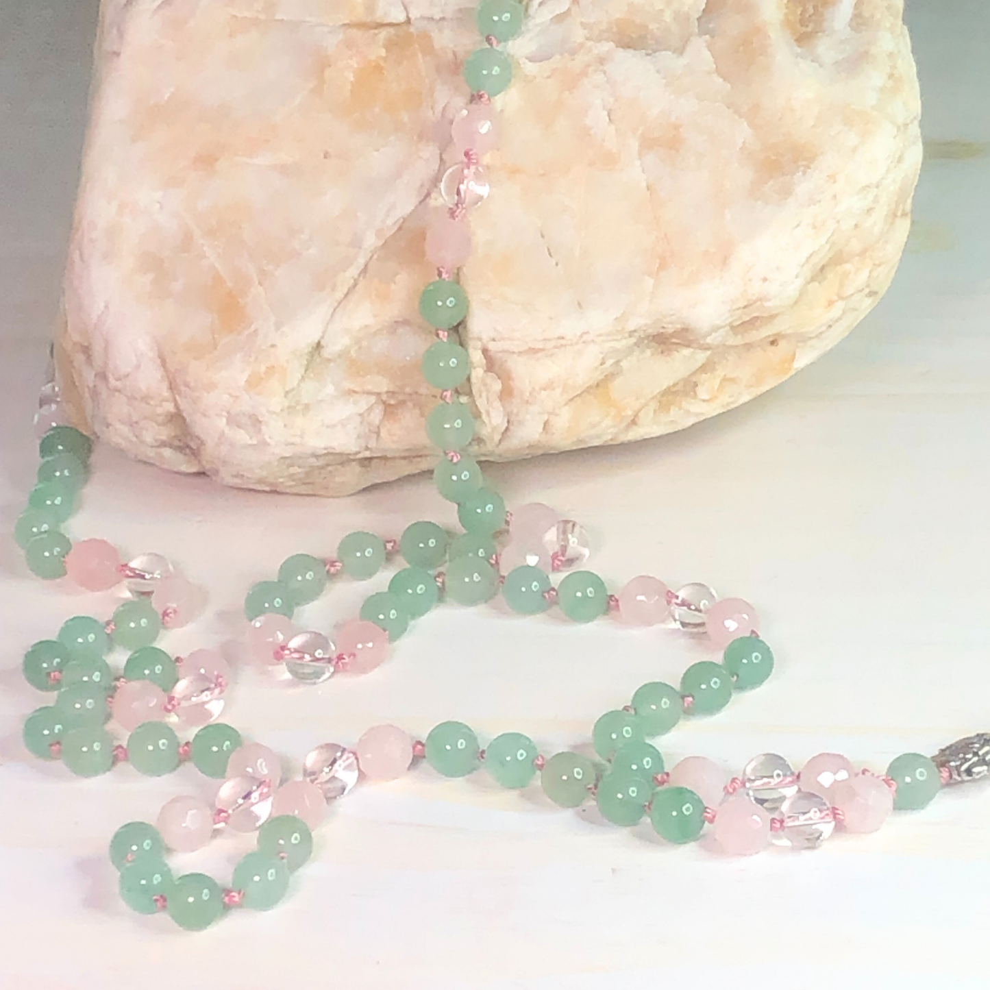 Green Aventurine, Rose Quartz & Peruvian Clear Quartz Mala with Lotus Charm
