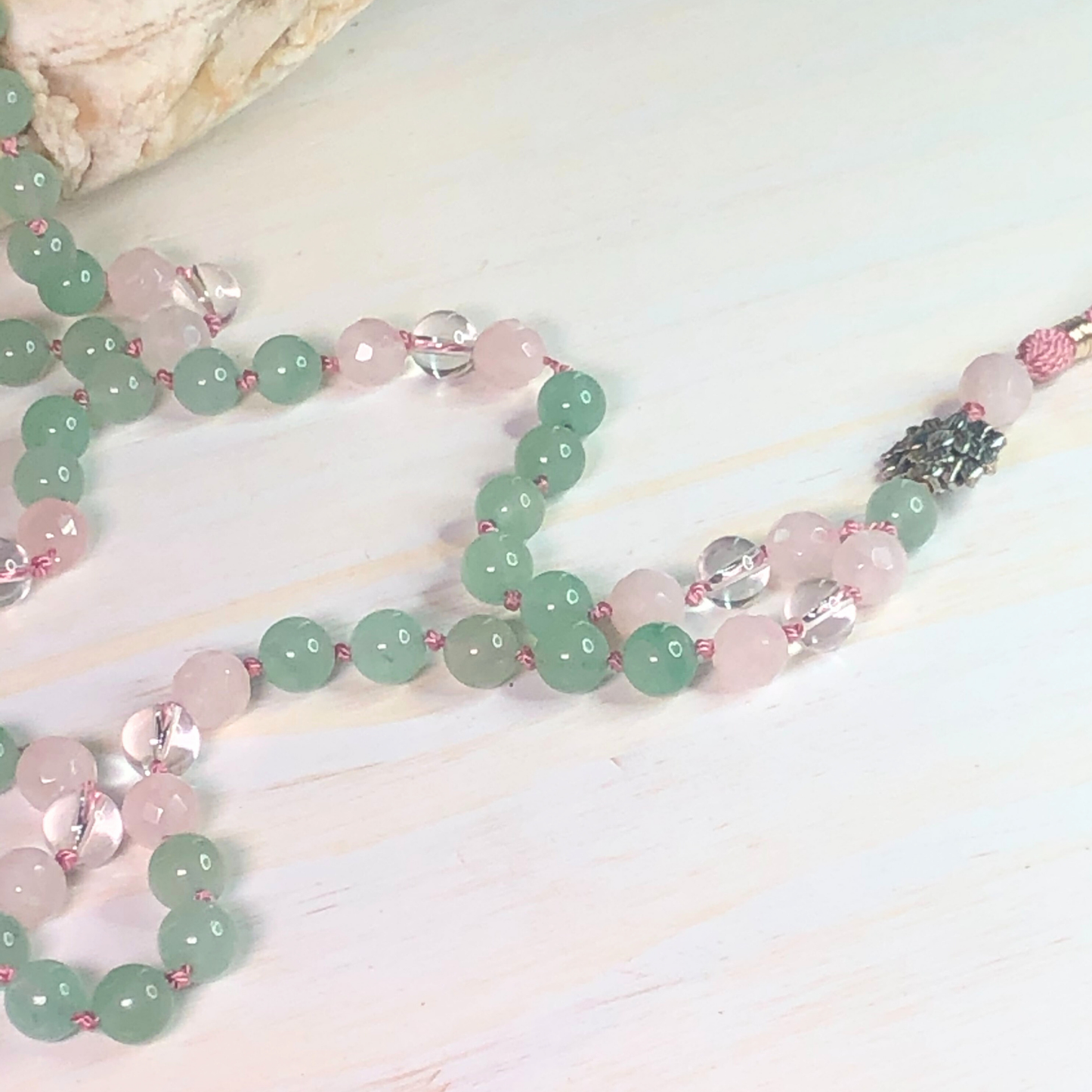 Green Aventurine, Rose Quartz & Peruvian Clear Quartz Mala with Lotus Charm
