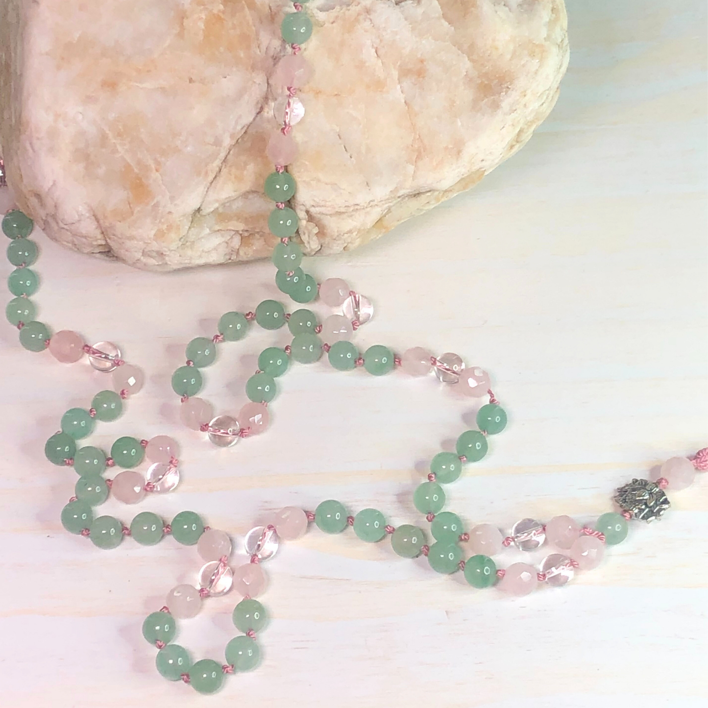 Green Aventurine, Rose Quartz & Peruvian Clear Quartz Mala with Lotus Charm