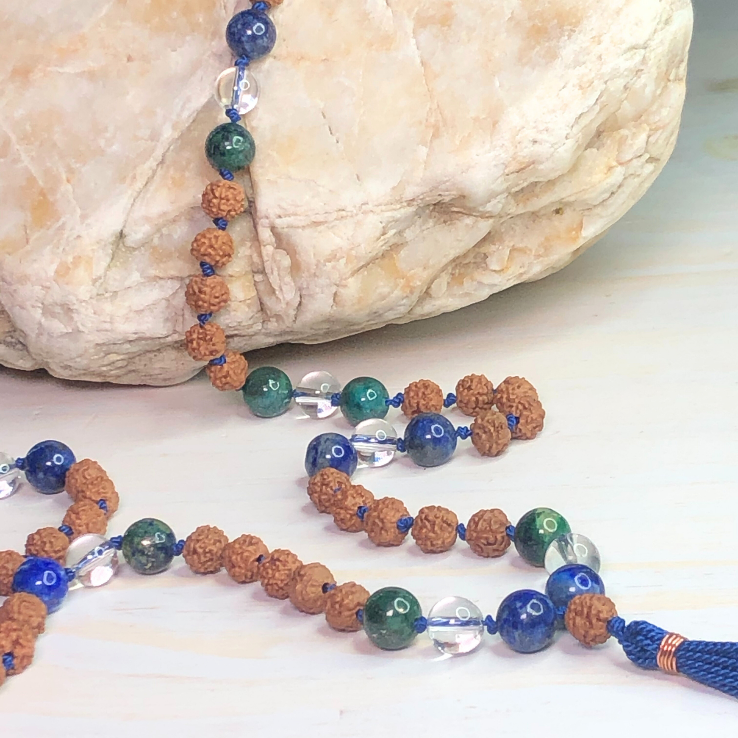 Azurite Peruvian Clear Quartz & Rudraksha Mala