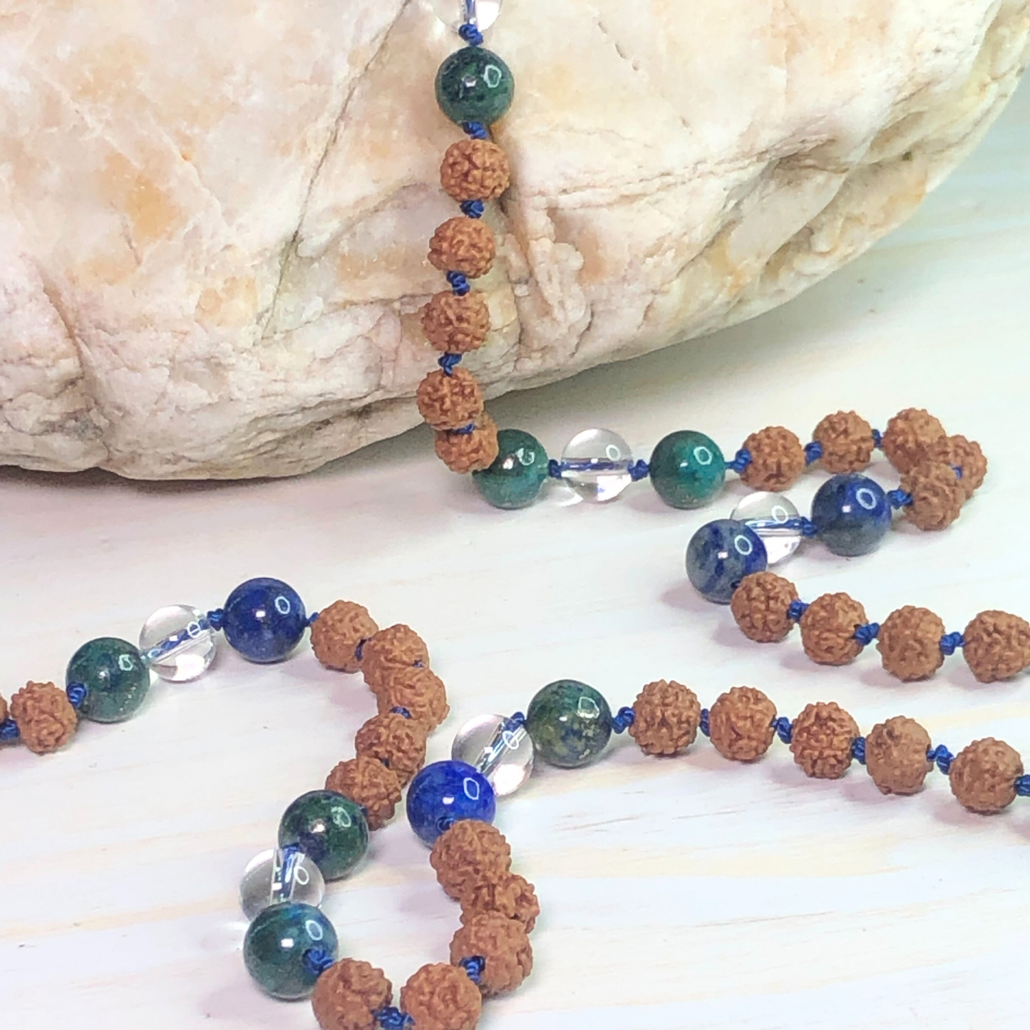 Azurite Peruvian Clear Quartz & Rudraksha Mala