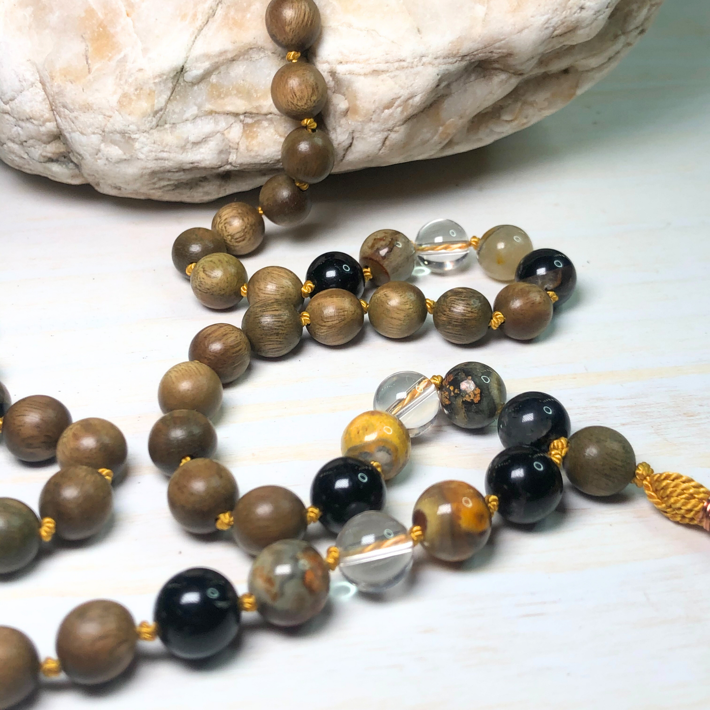 Bumble Bee Jasper, Peruvian Clear Quartz, Black Tourmaline & Green Sandalwood Mala