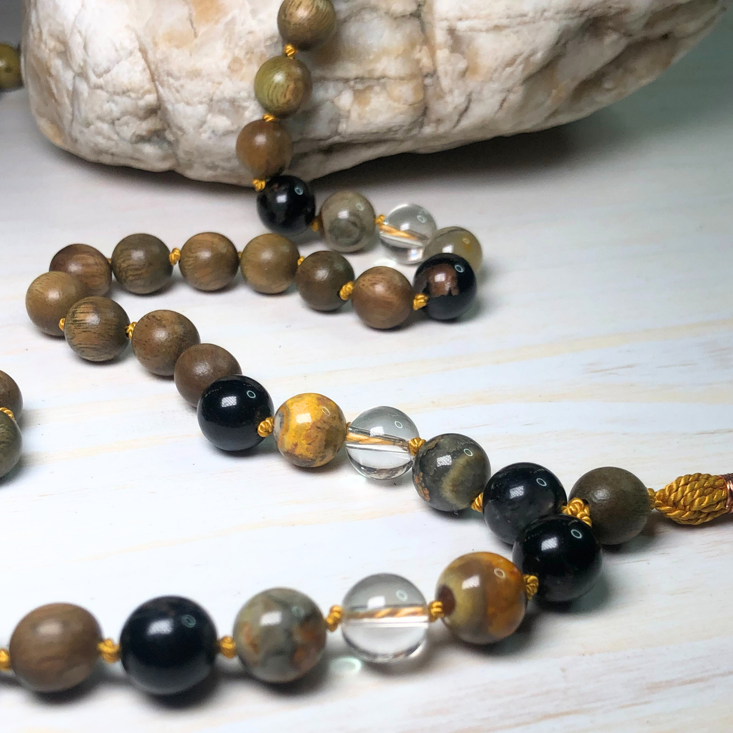 Bumble Bee Jasper, Peruvian Clear Quartz, Black Tourmaline & Green Sandalwood Mala