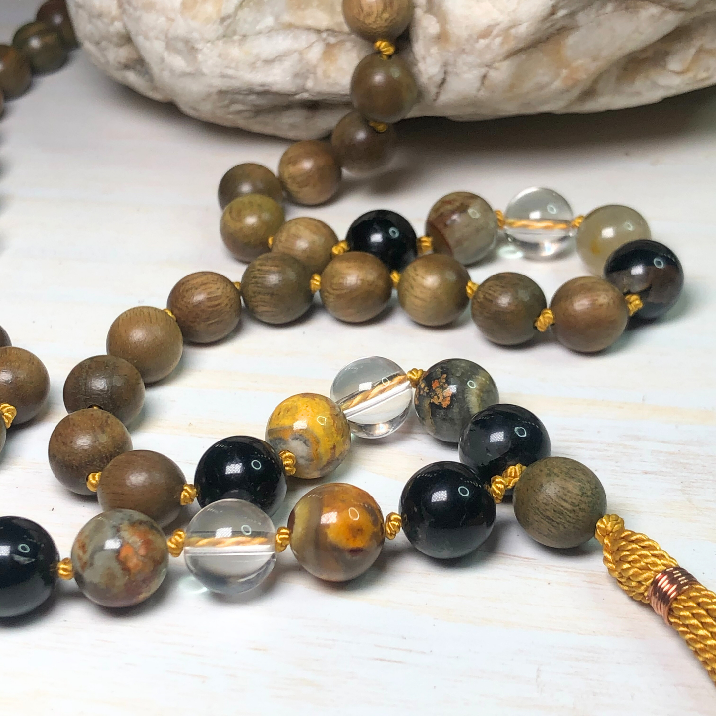 Bumble Bee Jasper, Peruvian Clear Quartz, Black Tourmaline & Green Sandalwood Mala