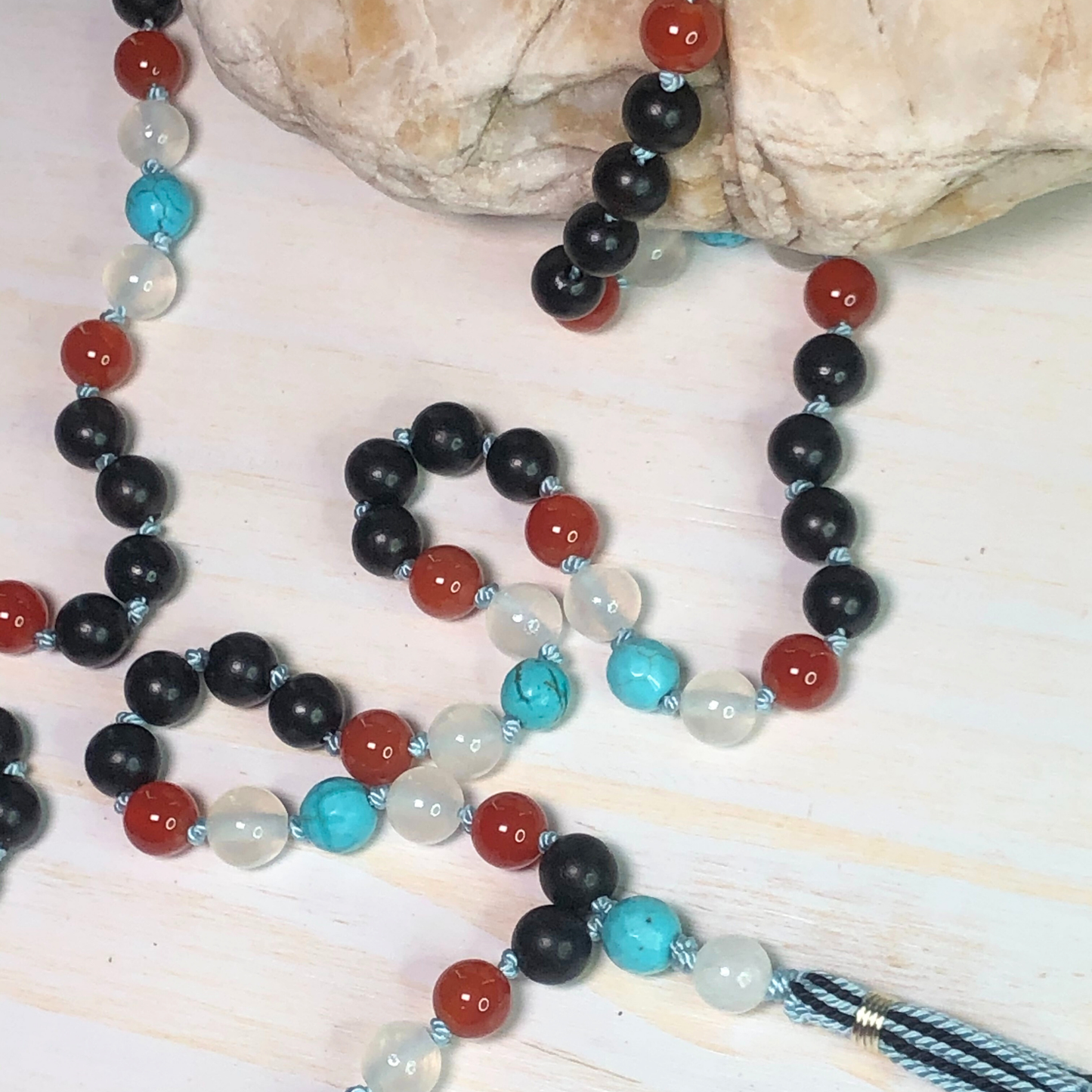 Carnelian, Selenite, Turquoise, and Ebony Blackwood Mala