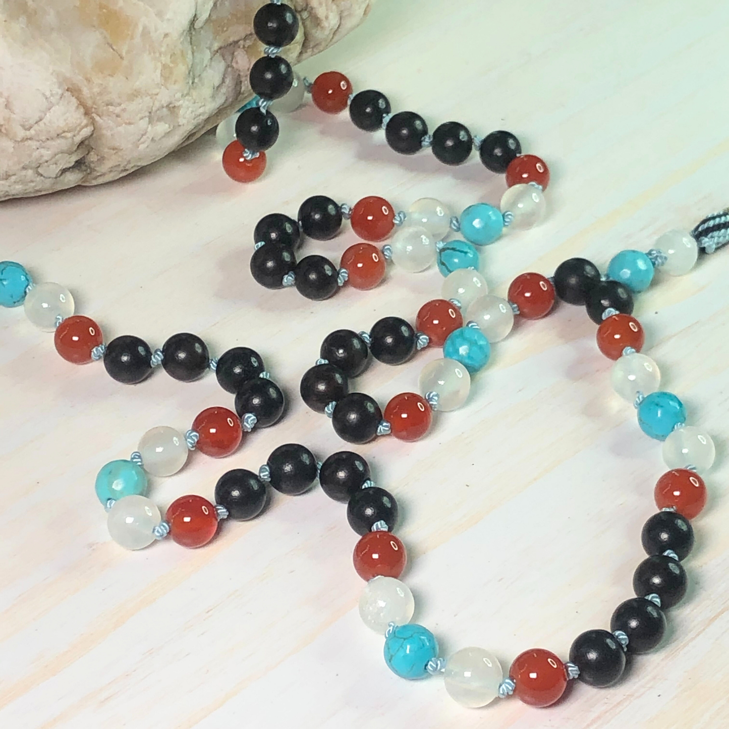 Carnelian, Selenite, Turquoise, and Ebony Blackwood Mala