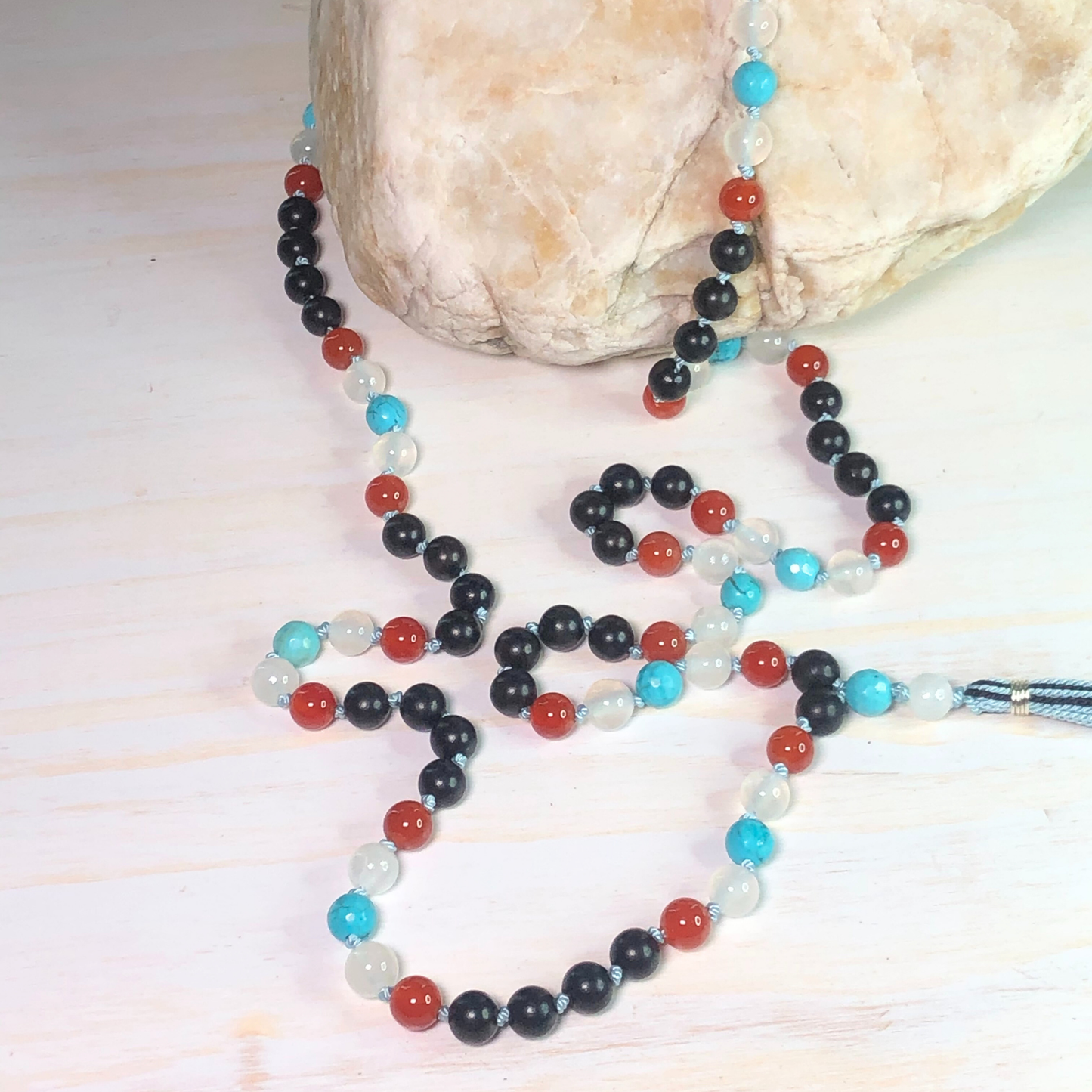Carnelian, Selenite, Turquoise, and Ebony Blackwood Mala