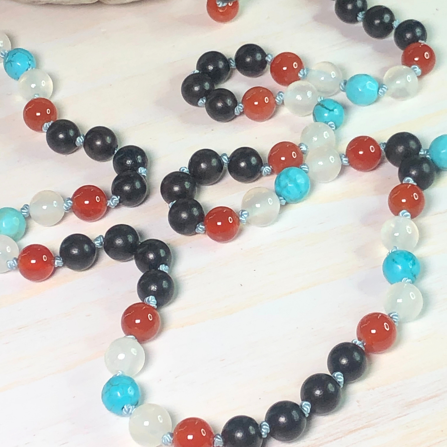 Carnelian, Selenite, Turquoise, and Ebony Blackwood Mala