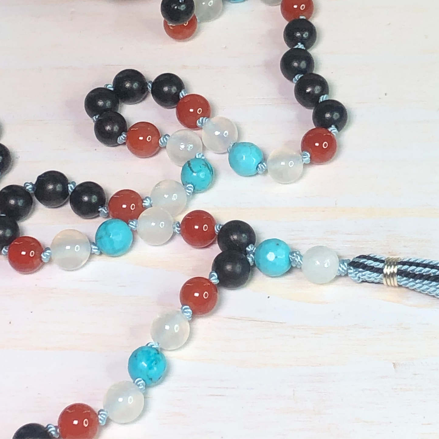 Carnelian, Selenite, Turquoise, and Ebony Blackwood Mala