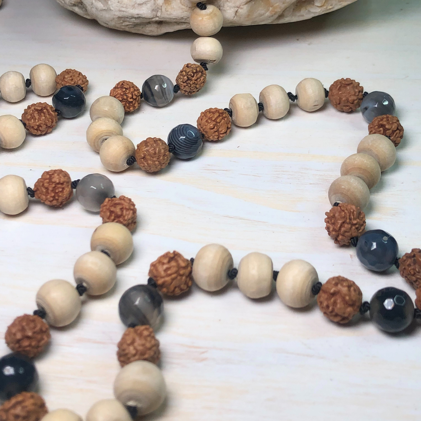 Black Striped Agate, Rudraksha & Tulasi Mala