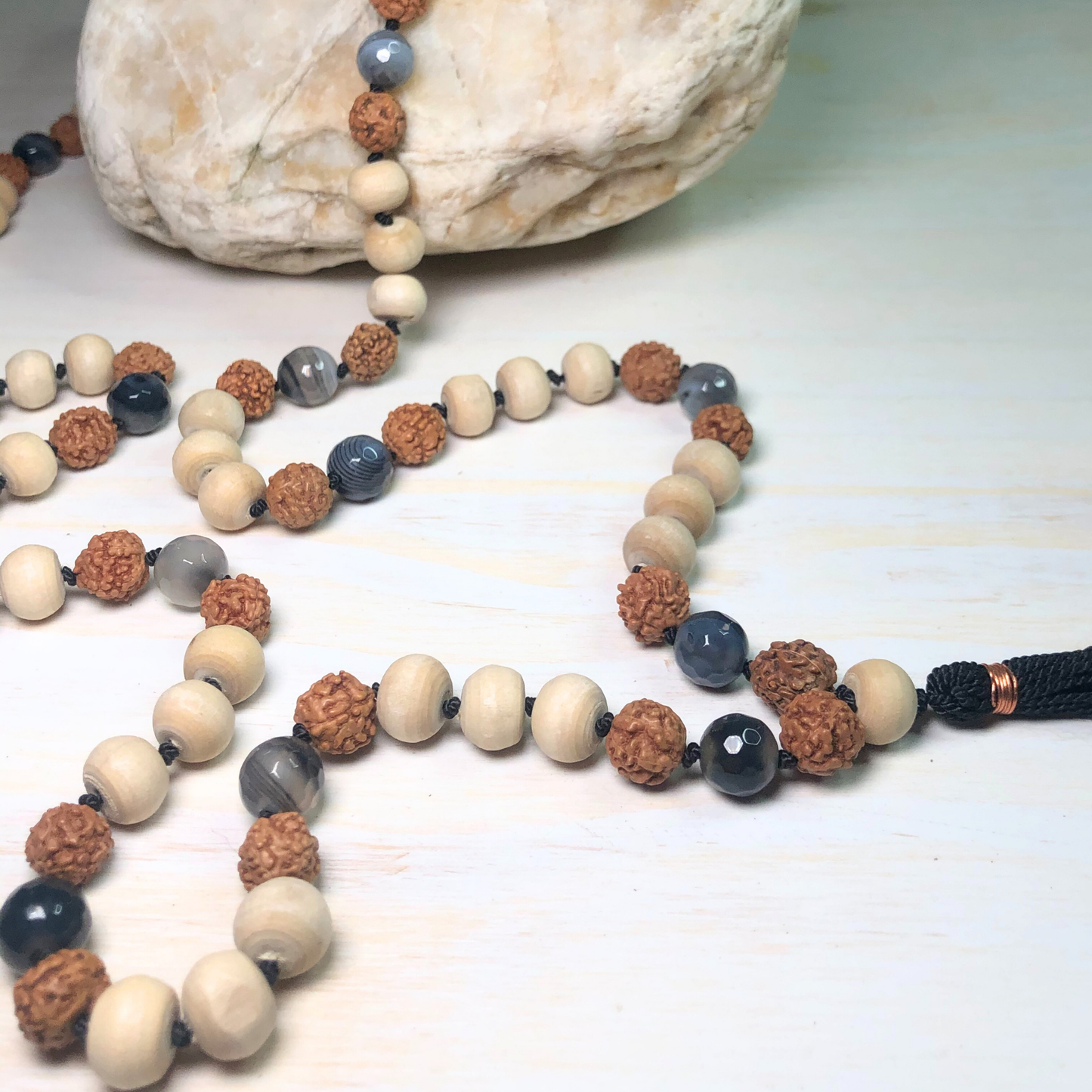 Black Striped Agate, Rudraksha & Tulasi Mala