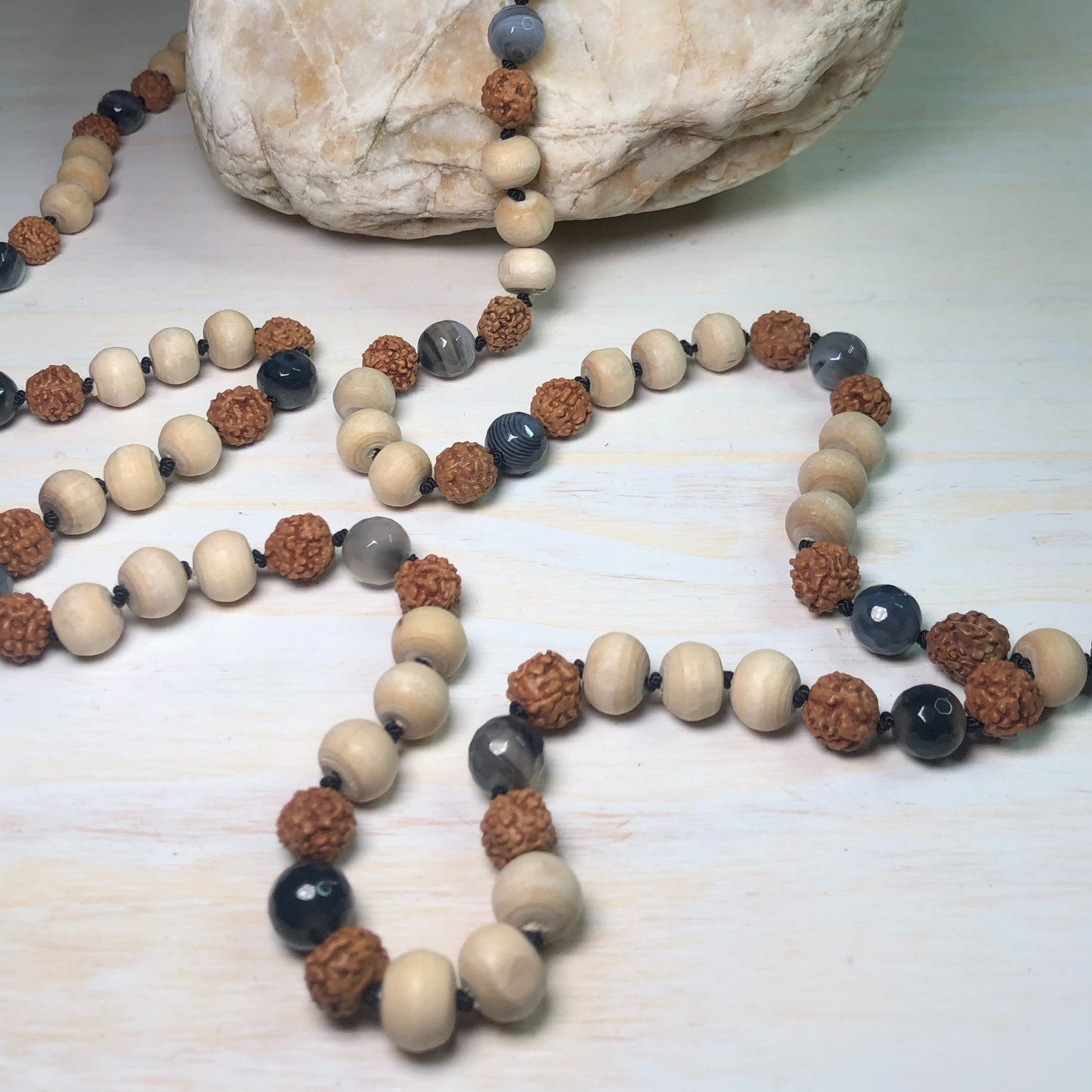 Black Striped Agate, Rudraksha & Tulasi Mala