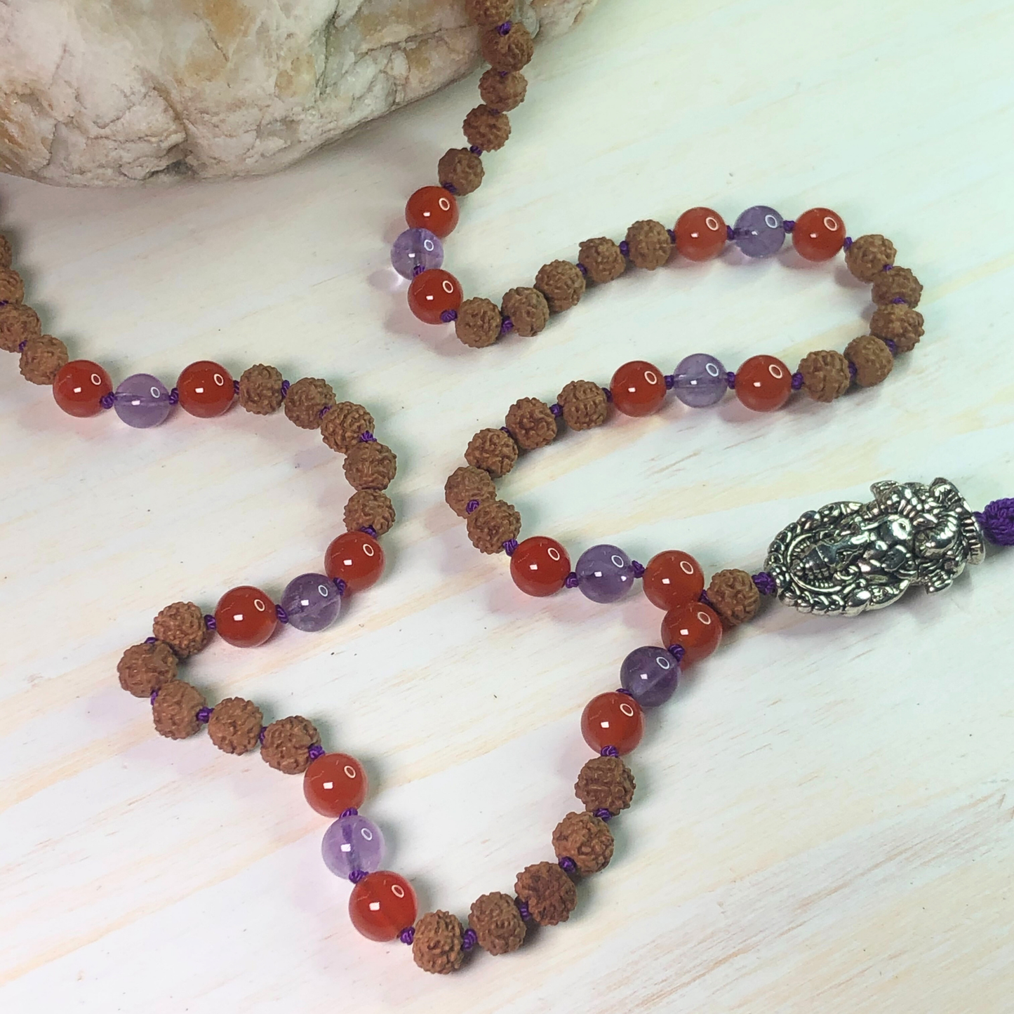 Carnelian, Amethyst & Rudraksha Mala with Ganesha Charm
