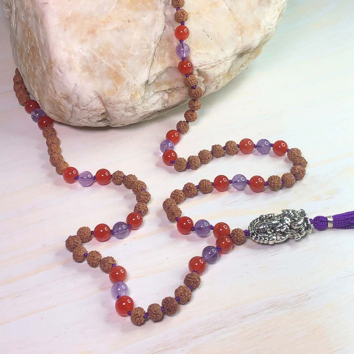 Carnelian, Amethyst & Rudraksha Mala with Ganesha Charm