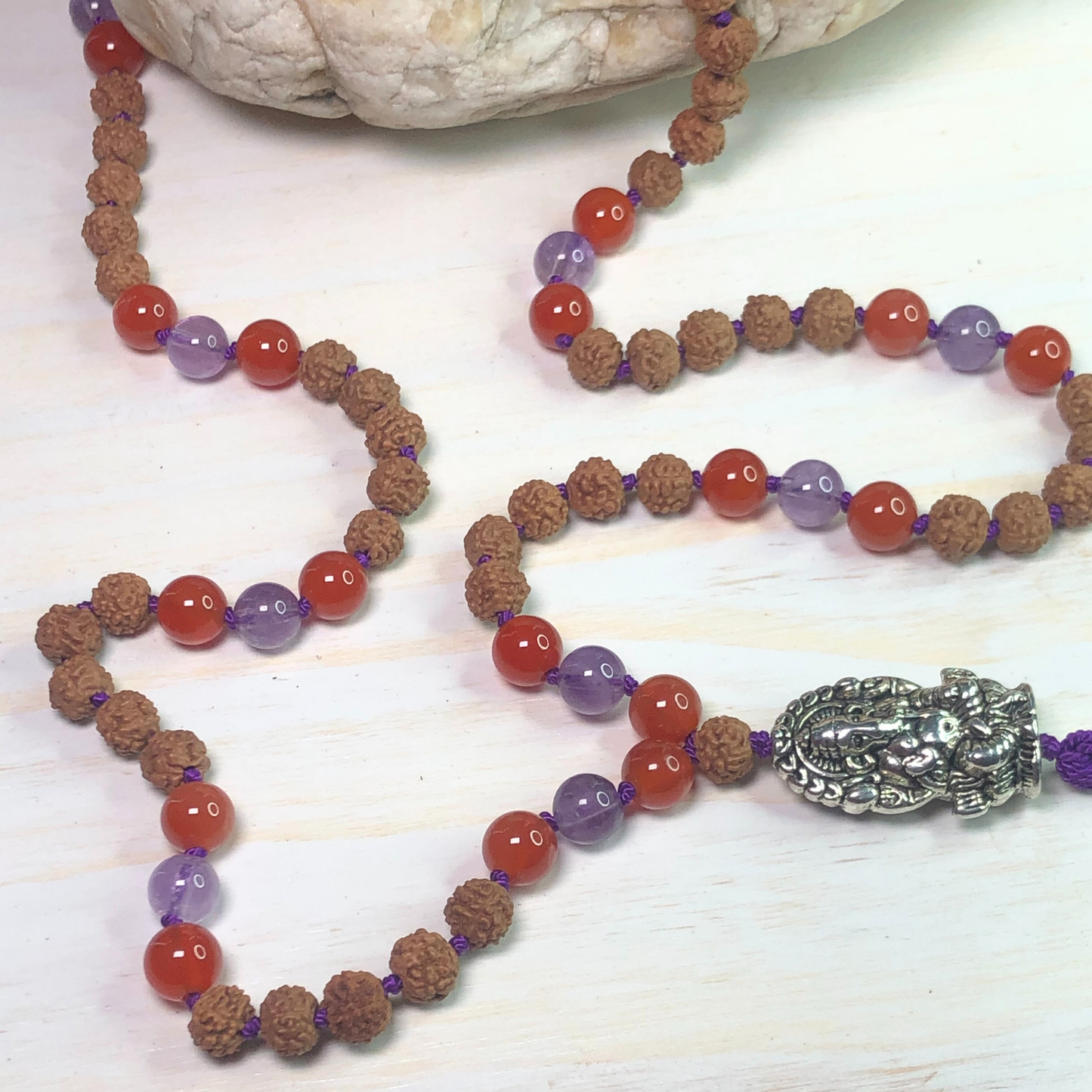 Carnelian, Amethyst & Rudraksha Mala with Ganesha Charm