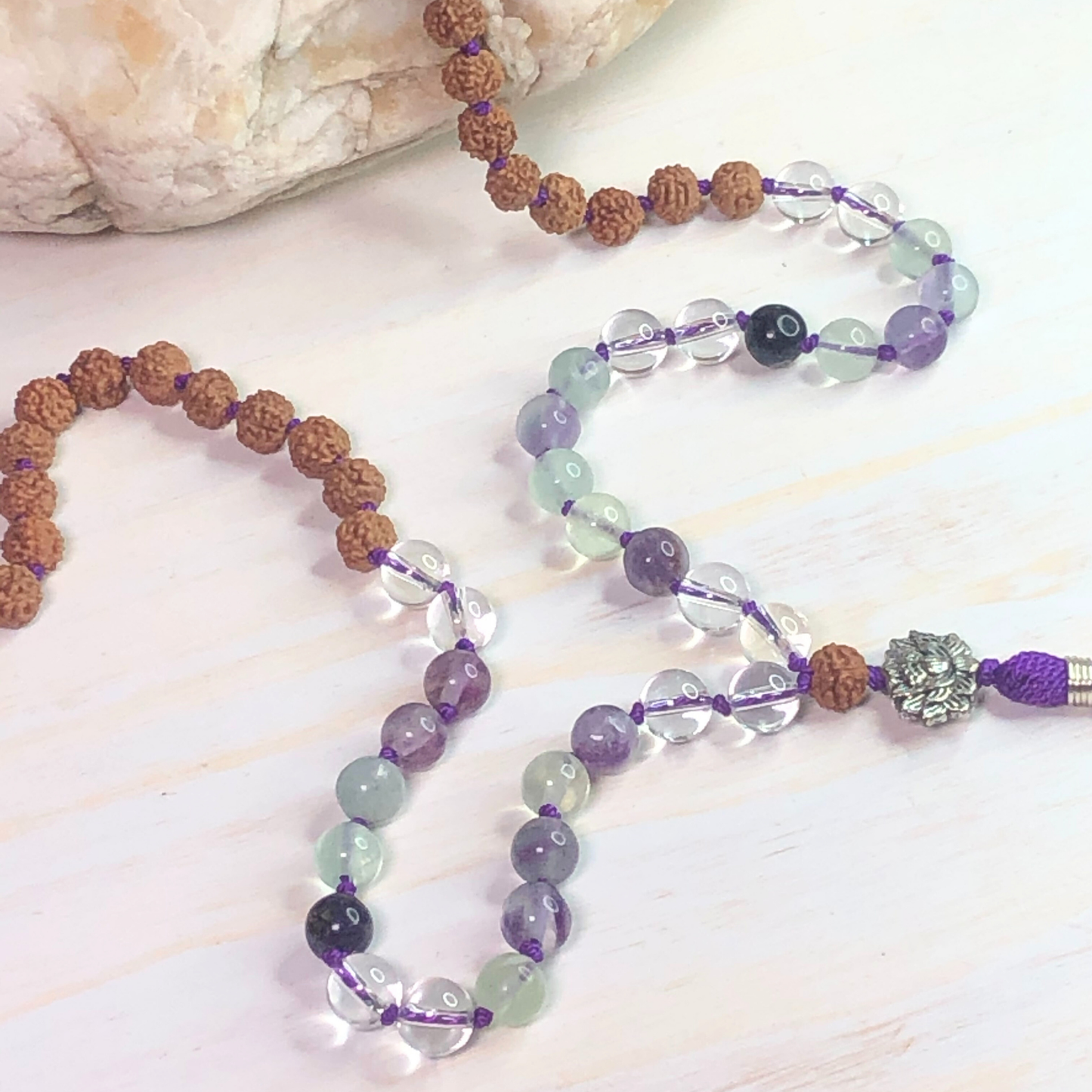 Rainbow Fluorite, Peruvian Clear Quartz & Rudraksha Mala with Lotus Charm