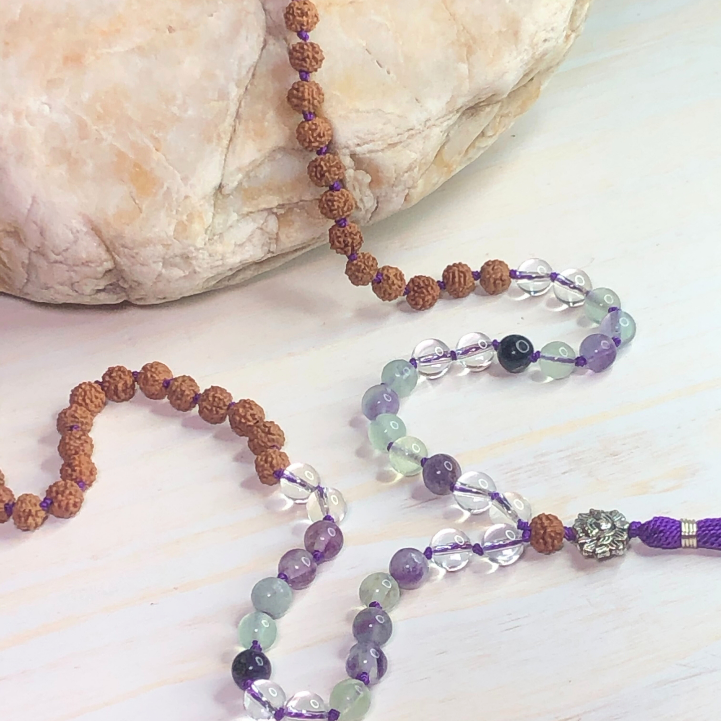 Rainbow Fluorite, Peruvian Clear Quartz & Rudraksha Mala with Lotus Charm
