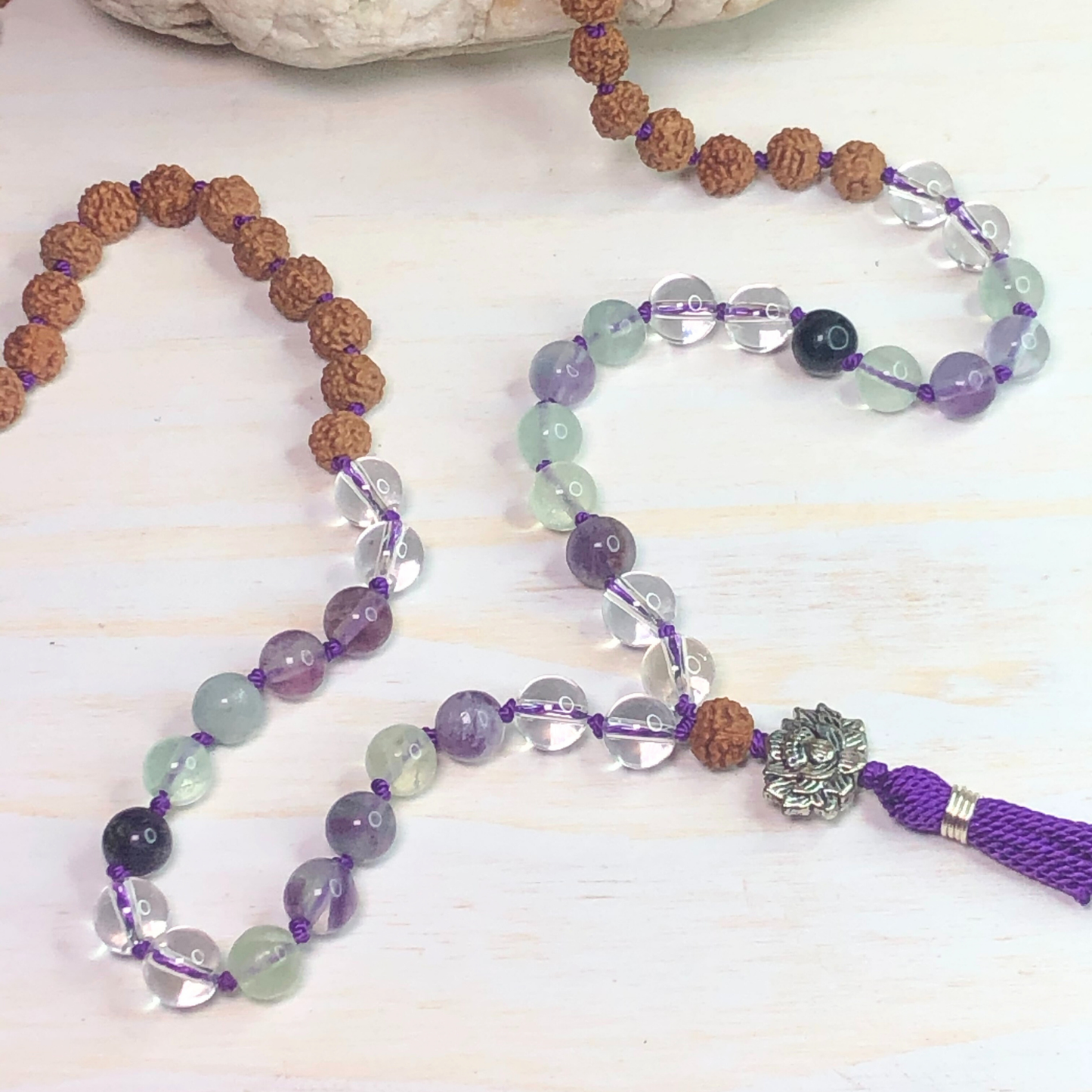 Rainbow Fluorite, Peruvian Clear Quartz & Rudraksha Mala with Lotus Charm
