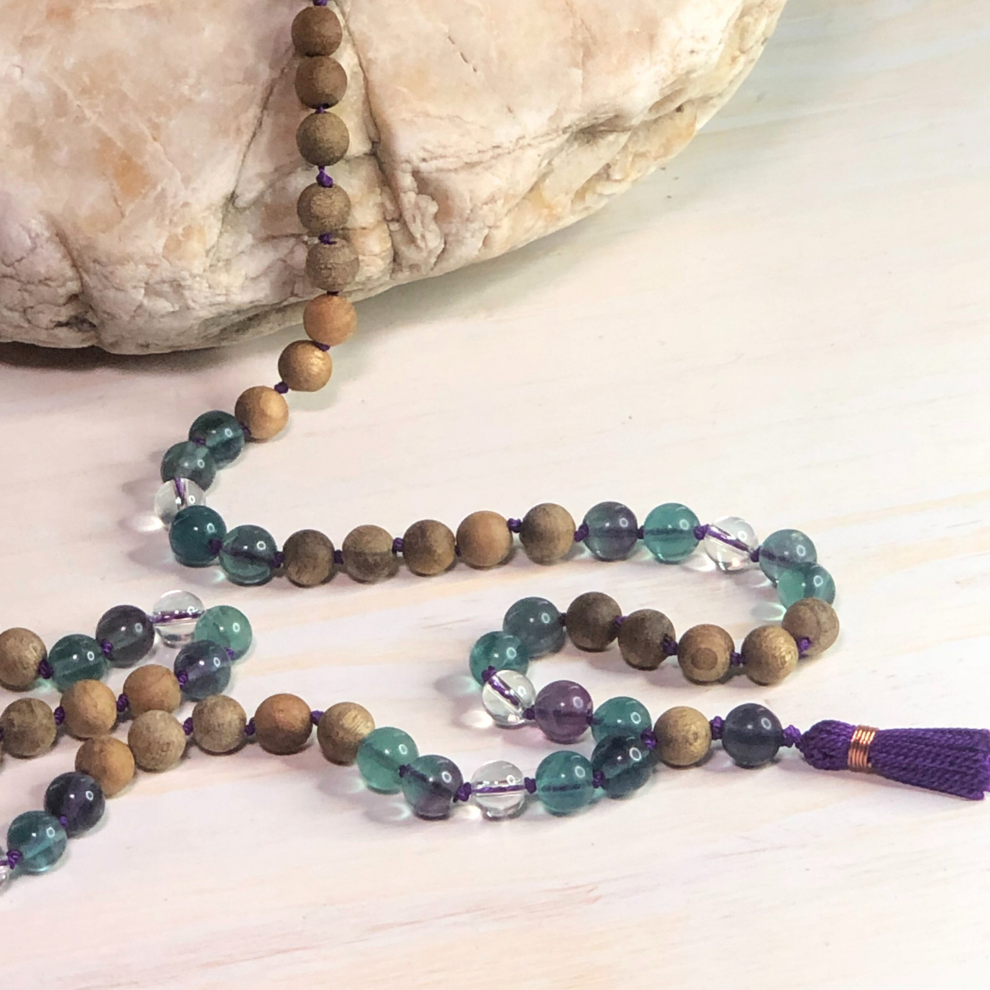 Rainbow Fluorite, Peruvian Clear Quartz & Indian Sandalwood Mala