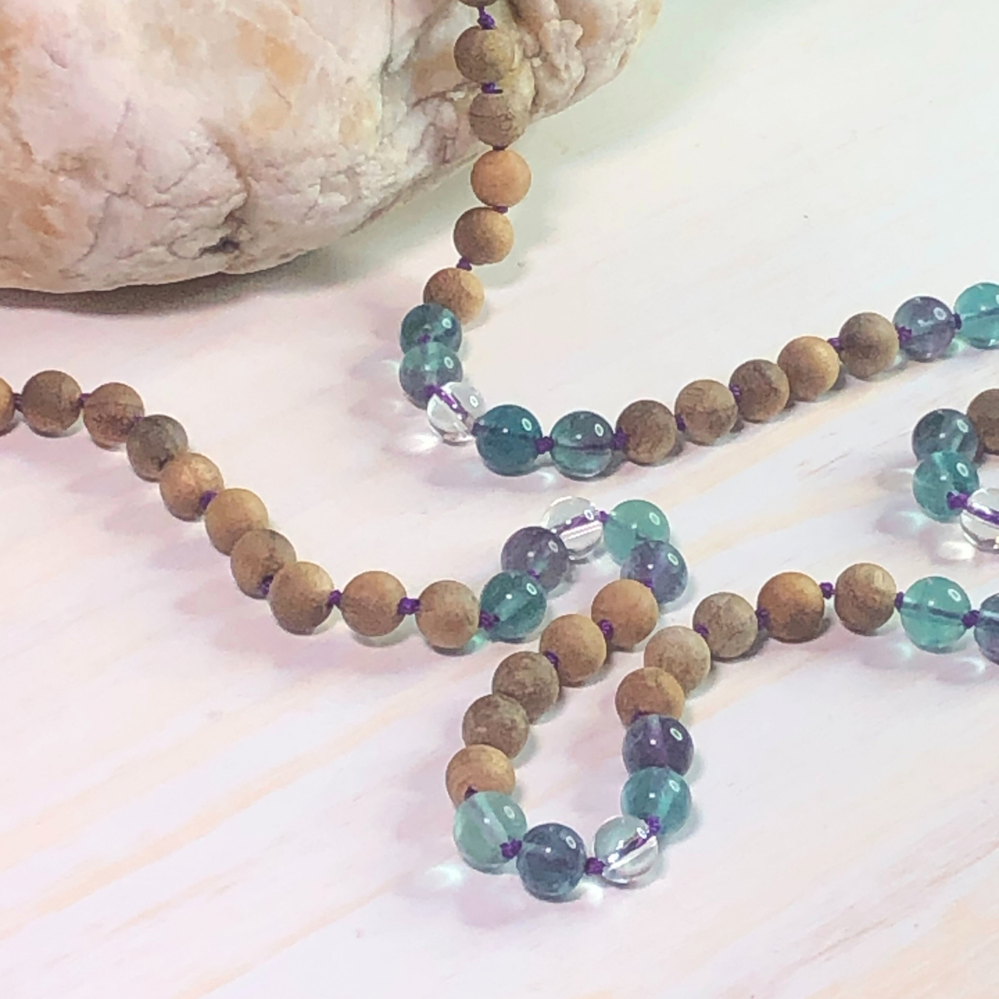 Rainbow Fluorite, Peruvian Clear Quartz & Indian Sandalwood Mala