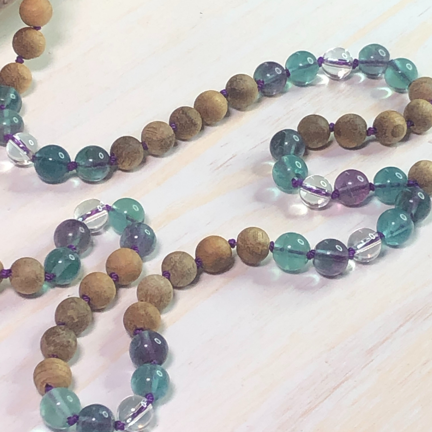 Rainbow Fluorite, Peruvian Clear Quartz & Indian Sandalwood Mala