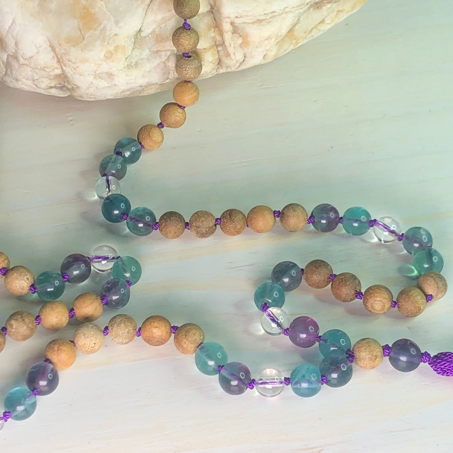 Rainbow Fluorite, Peruvian Clear Quartz & Indian Sandalwood Mala