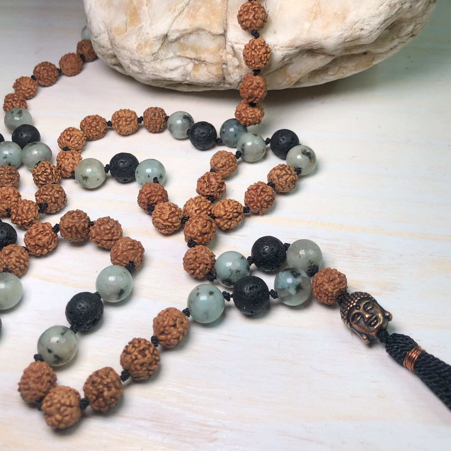 Sesame (Kiwi) Jasper, Lava Stone & Rudraksha Mala with Buddha Charm