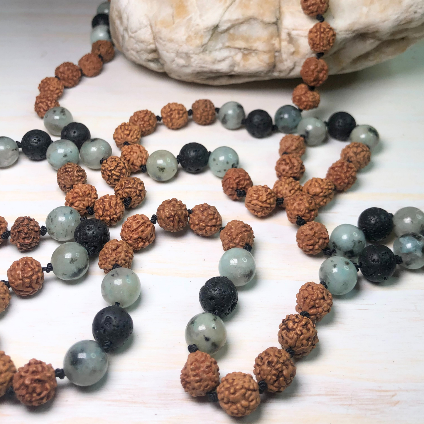 Sesame (Kiwi) Jasper, Lava Stone & Rudraksha Mala with Buddha Charm
