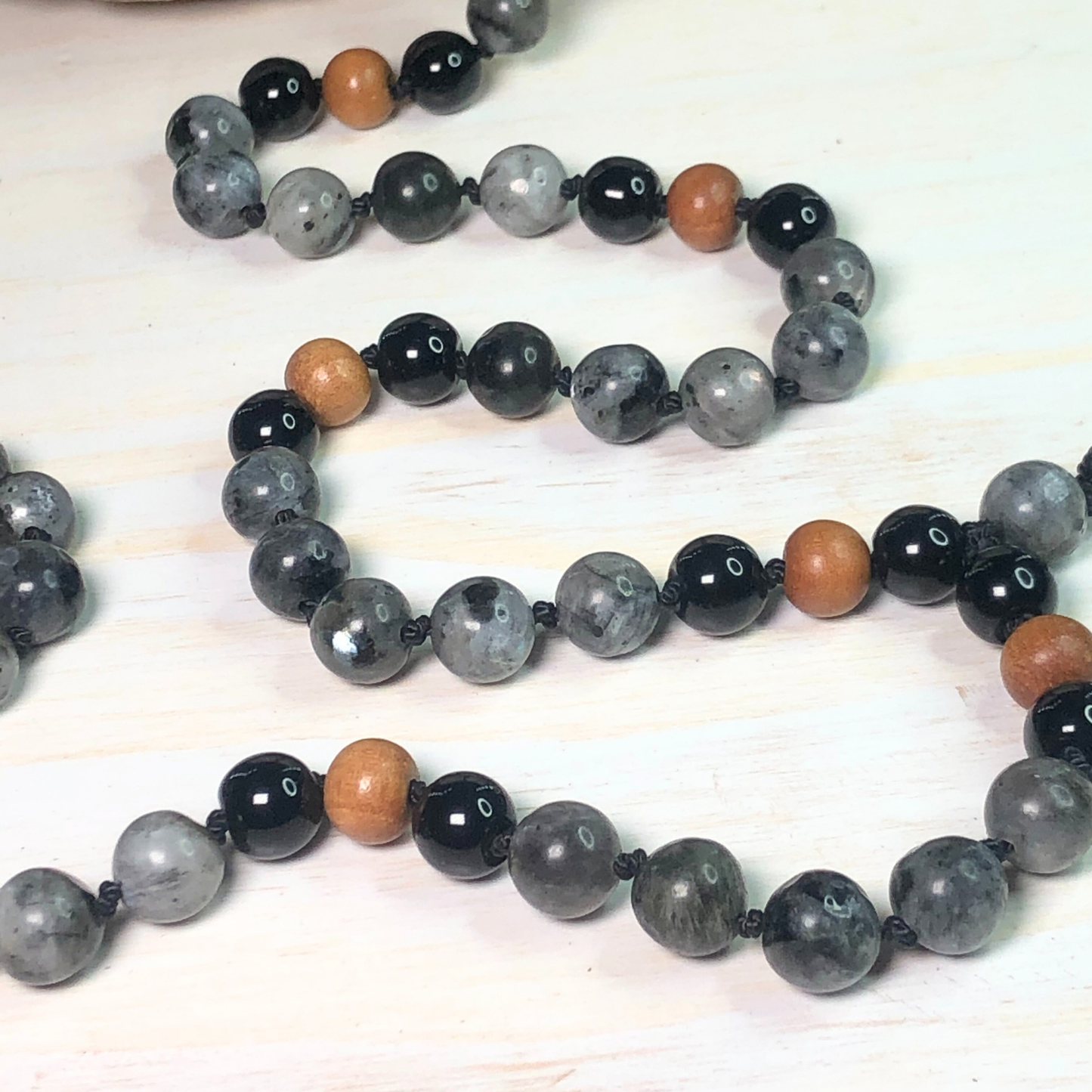 Larvakite, Onyx & Sandalwood Mala