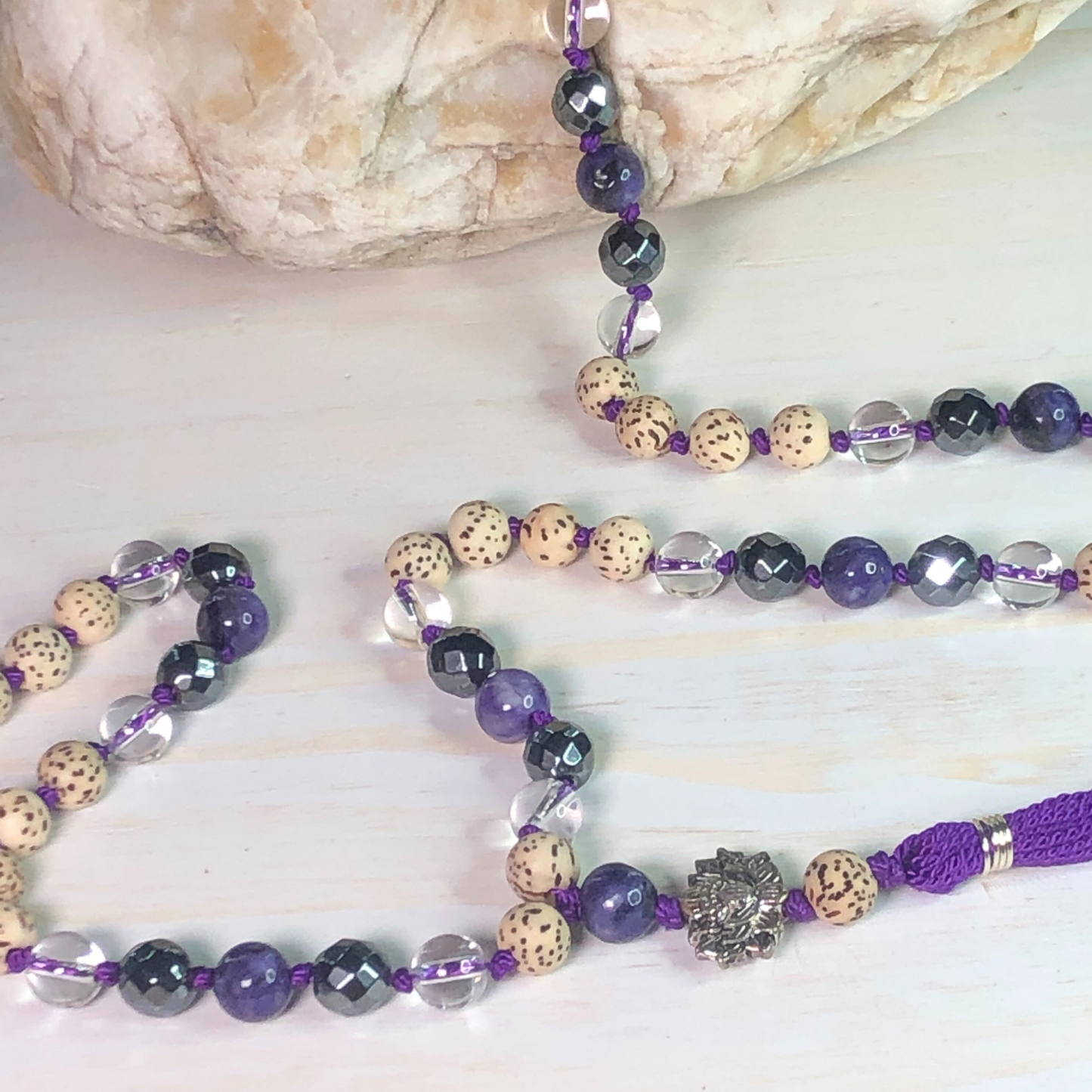 Charoite, Hematite, Clear Quartz, Lotus Seed Mala with Lotus Charm