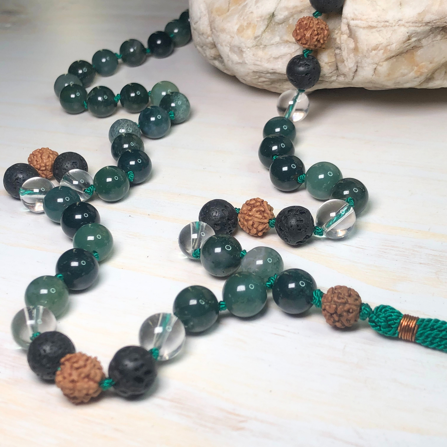 Moss Agate, Lava Stone, Peruvian Clear Quartz & Rudraksha Mala