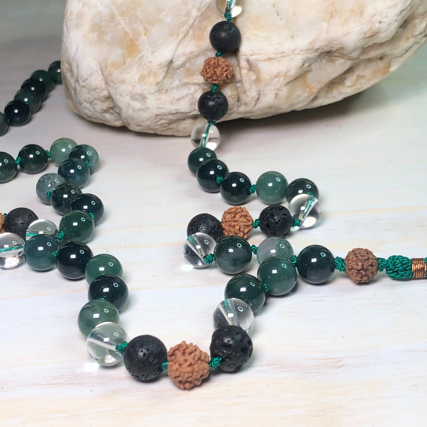 Moss Agate, Lava Stone, Peruvian Clear Quartz & Rudraksha Mala