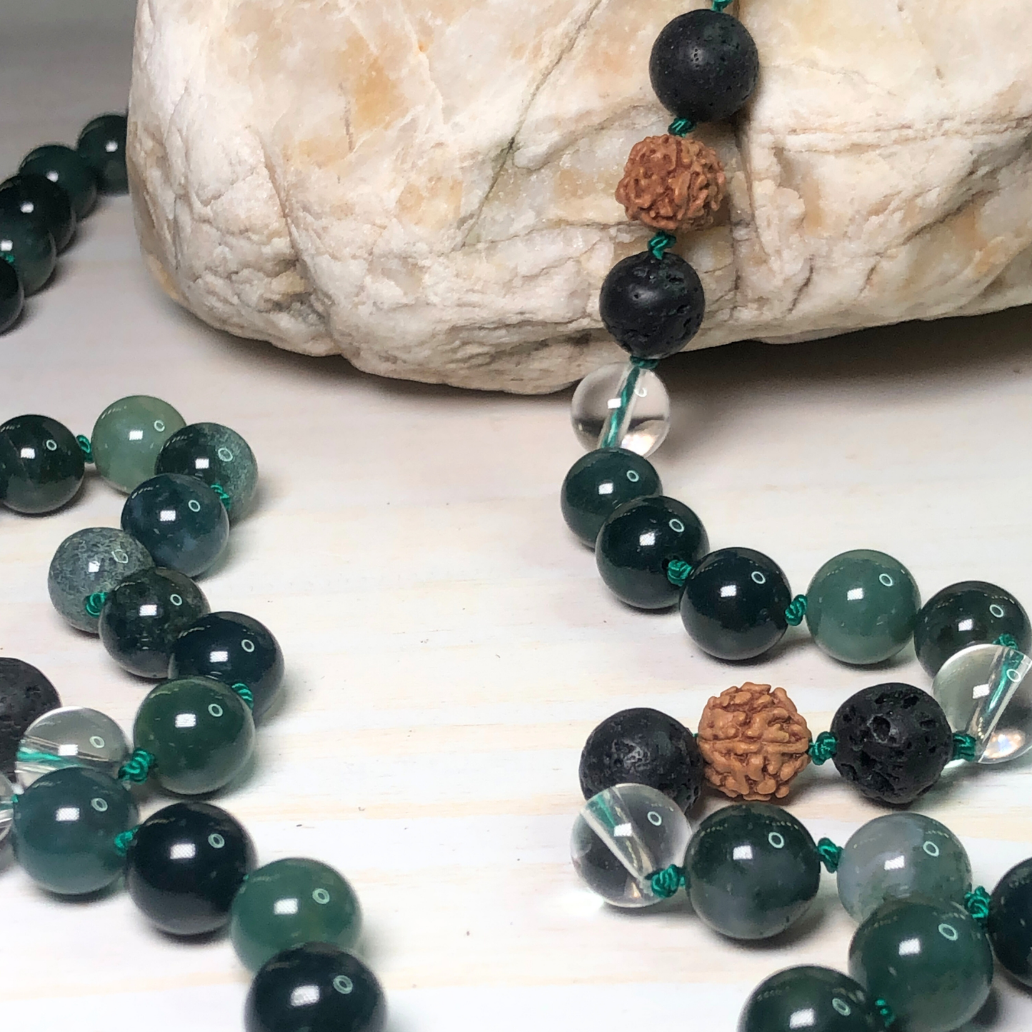 Moss Agate, Lava Stone, Peruvian Clear Quartz & Rudraksha Mala