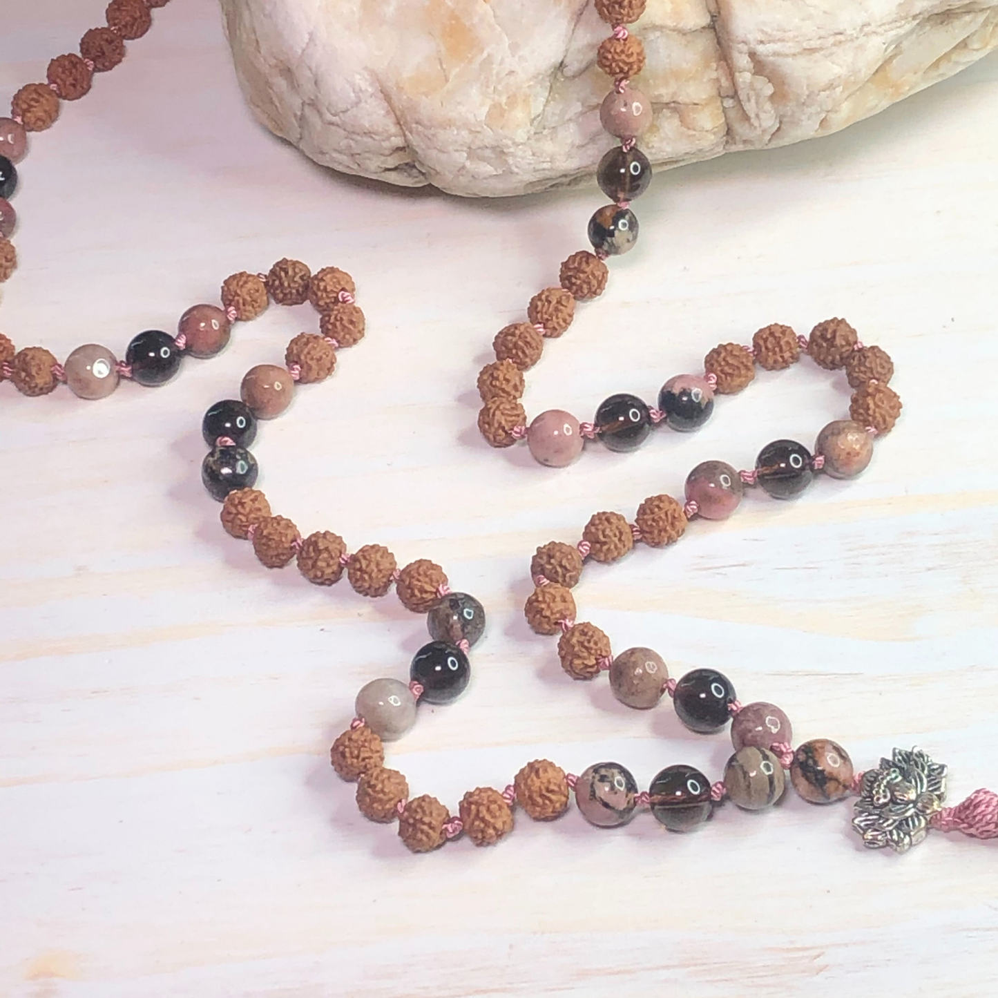 Rhodonite, Smokey Quartz & Rudraksha Mala with Lotus Charm