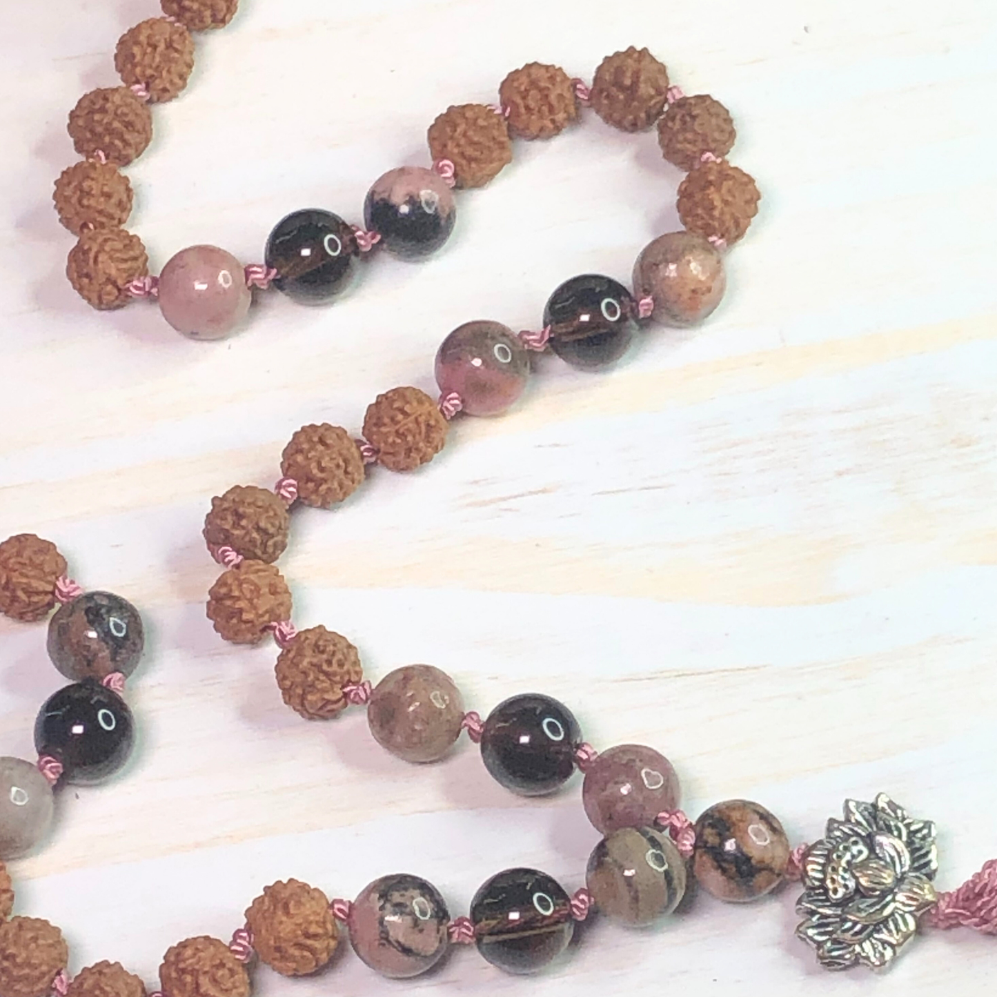 Rhodonite, Smokey Quartz & Rudraksha Mala with Lotus Charm