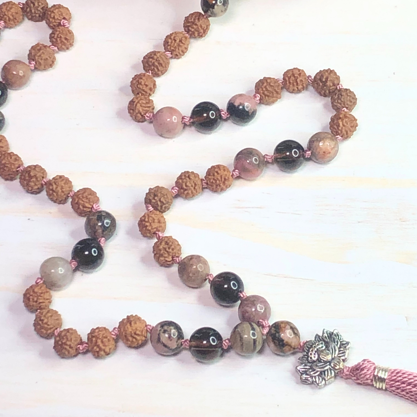Rhodonite, Smokey Quartz & Rudraksha Mala with Lotus Charm