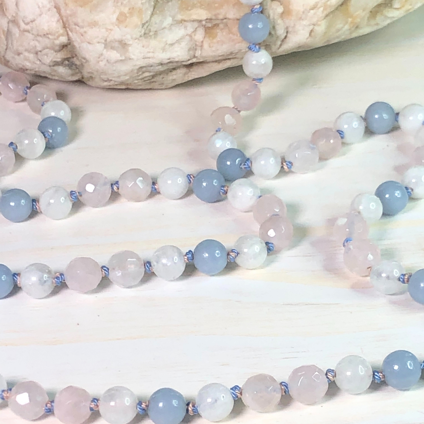 Rose Quartz, Moonstone, and Angelite Mala