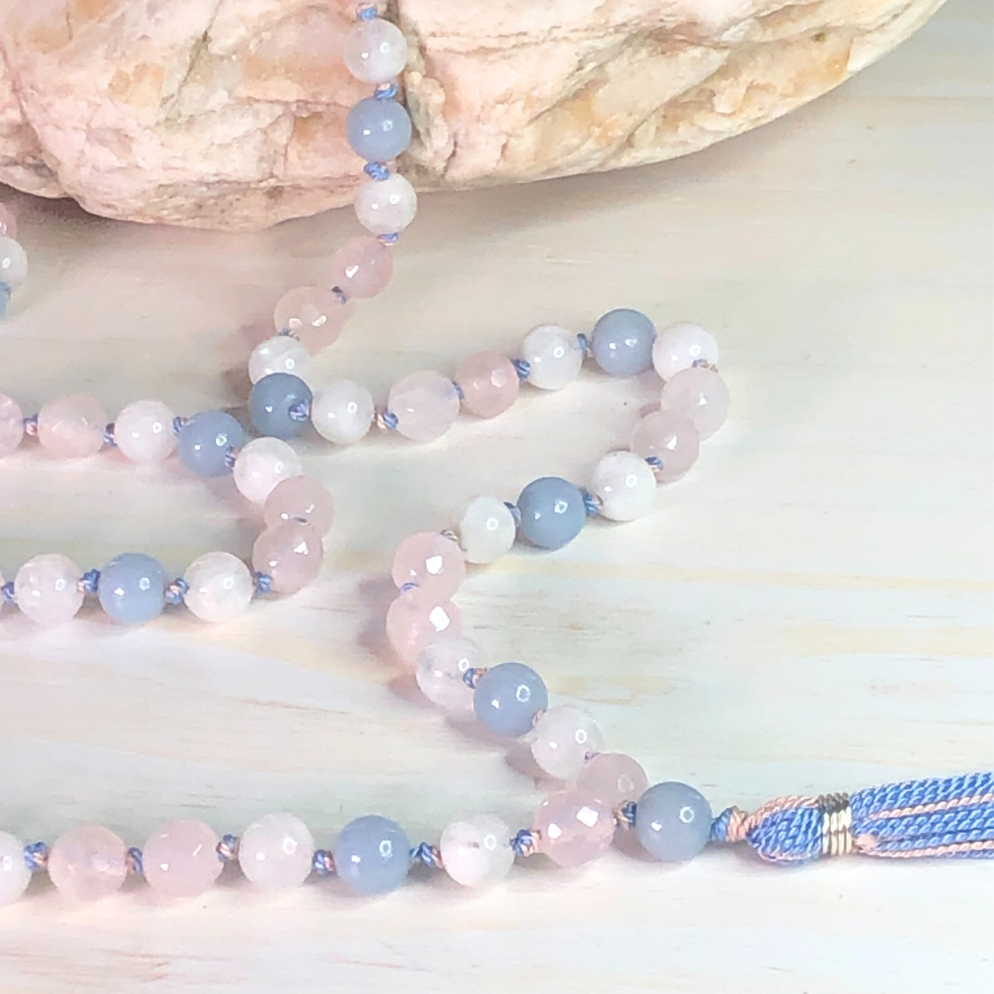Rose Quartz, Moonstone, and Angelite Mala
