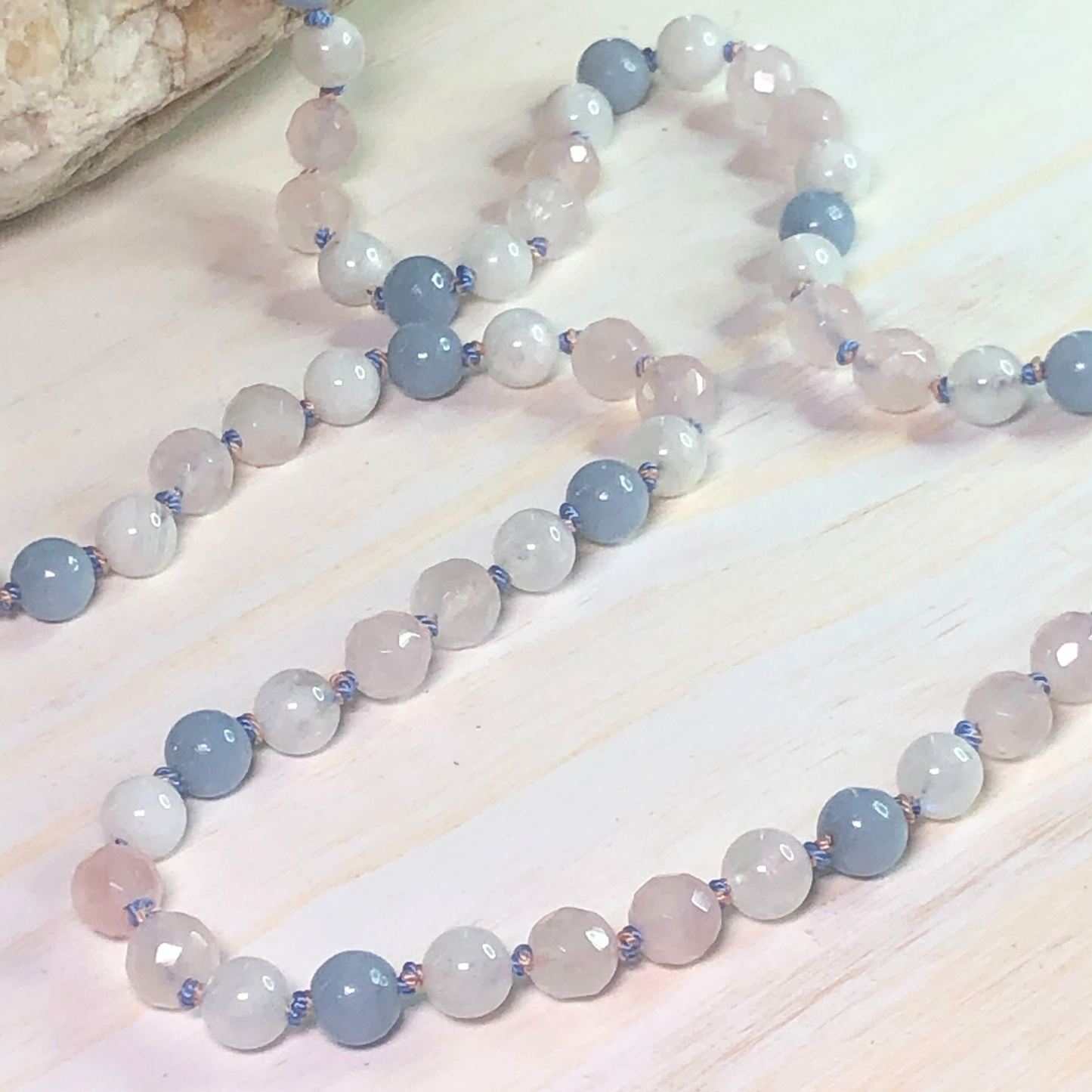 Rose Quartz, Moonstone, and Angelite Mala
